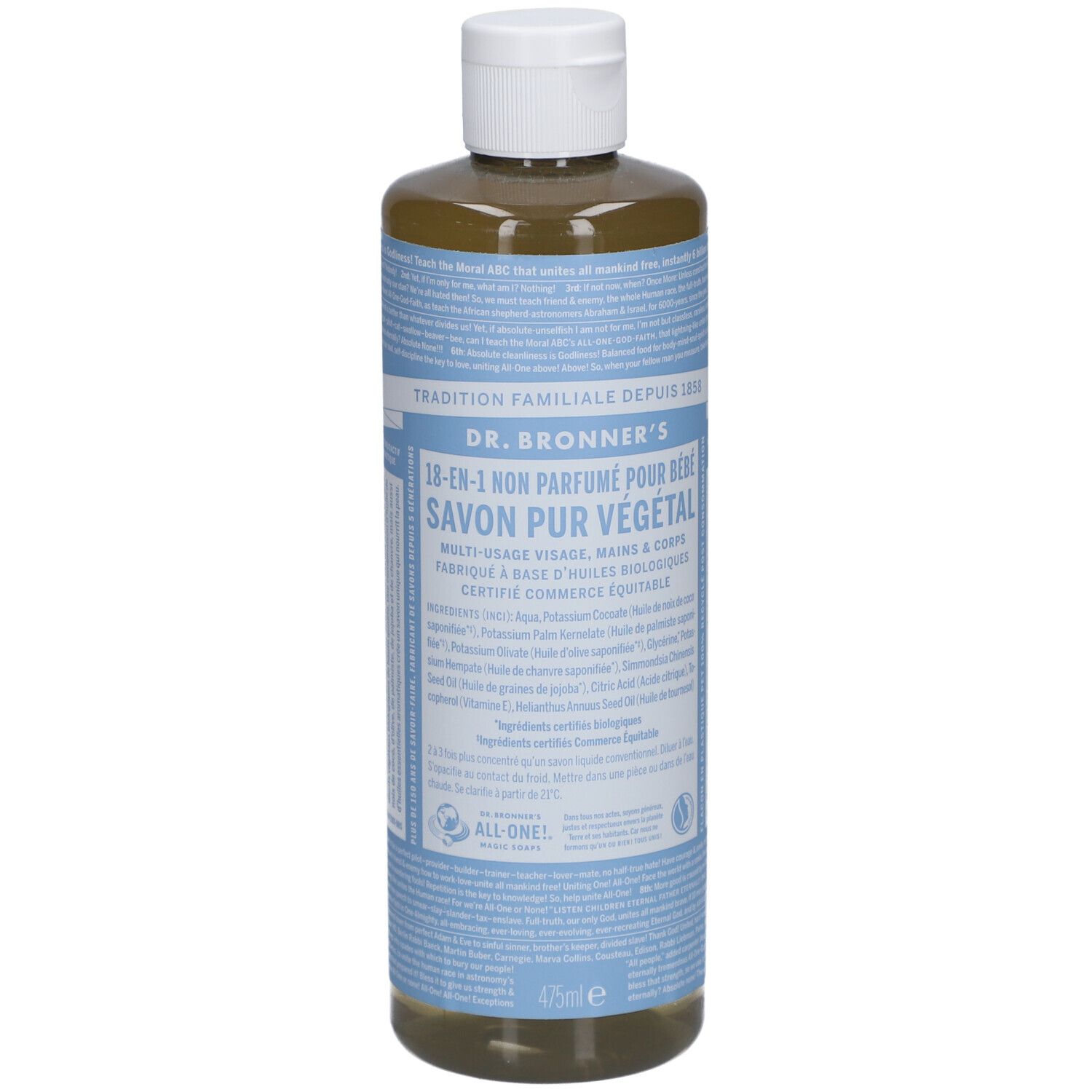 Bouteille de savon liquide avec bouchon blanc. Étiquettes bleues avec texte. "DR. BRONNER'S" et "SAVON PUR VÉGÉTAL" sont visibles.
