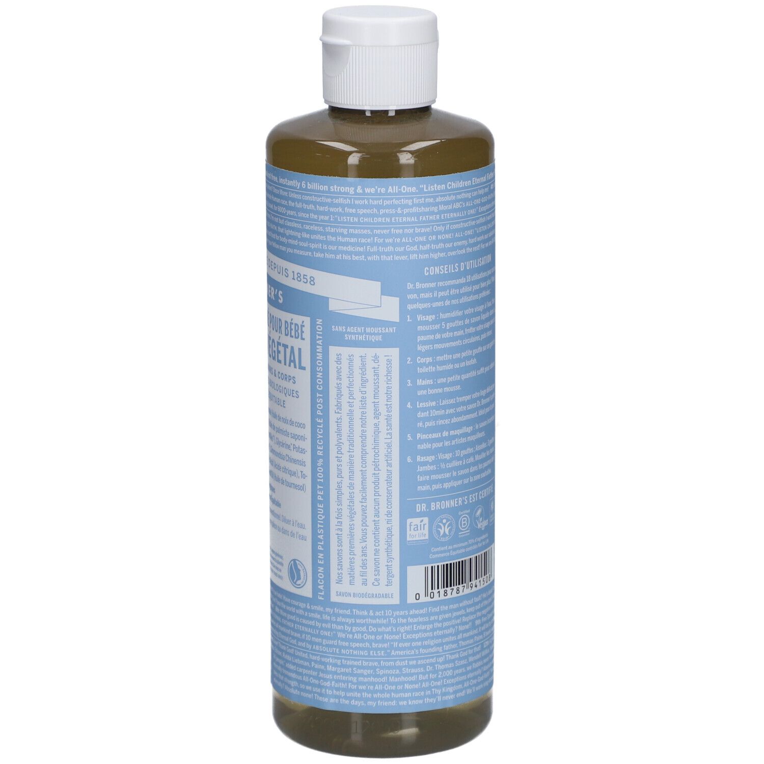 Bouteille de savon liquide avec bouchon blanc. Étiquettes bleues avec texte. Vue arrière de la bouteille.