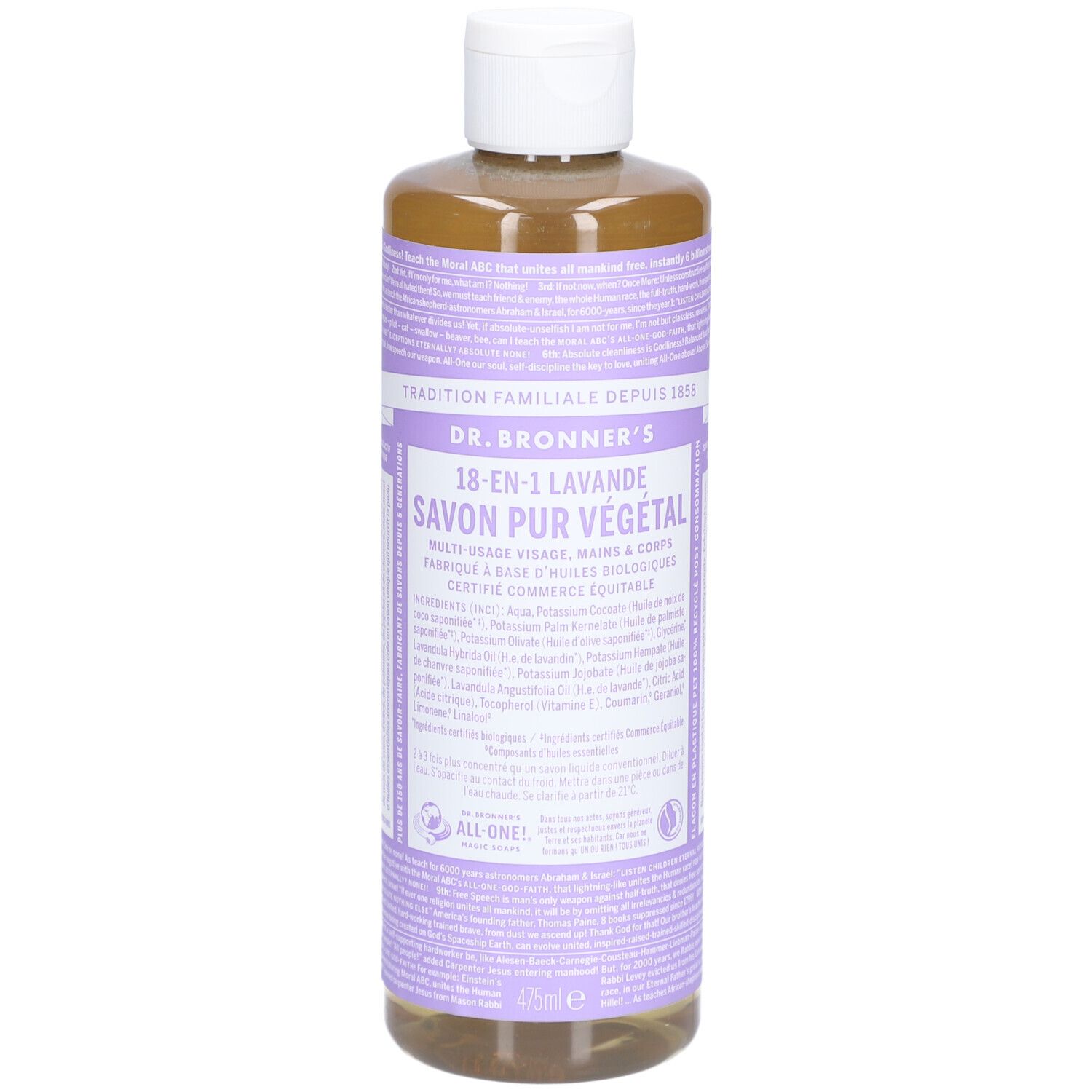 Flacon de savon liquide. Étiquette avec nom et ingrédients. Bouchon blanc. Parfum lavande.
