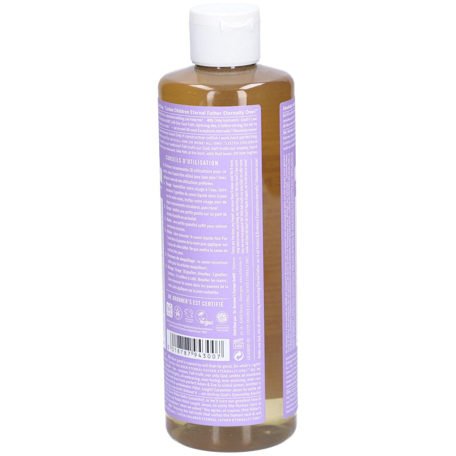 Flacon de savon liquide. Étiquette avec informations produit. Bouchon blanc. Parfum lavande.