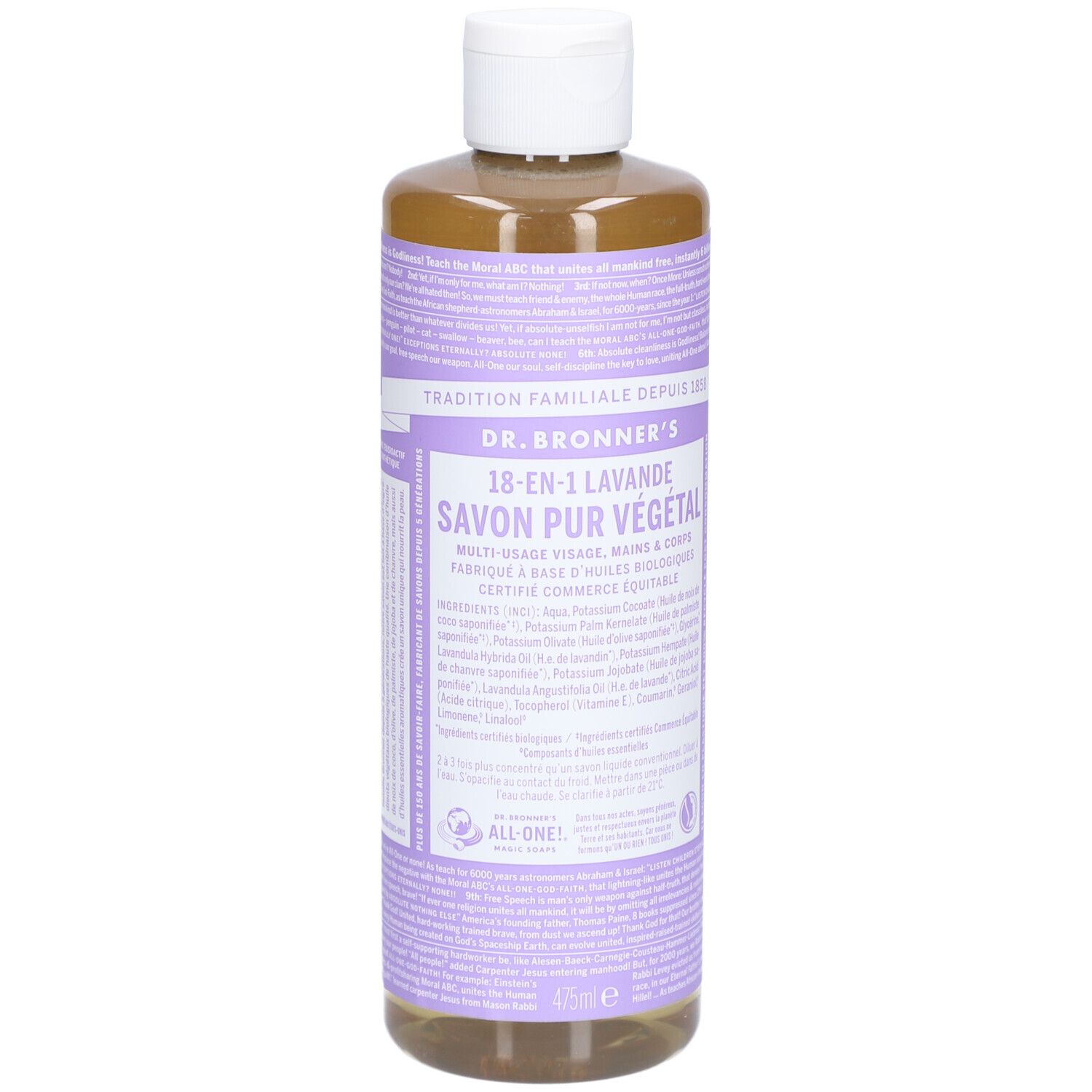 Flacon de savon liquide. Étiquette avec nom et ingrédients. Bouchon blanc. Parfum lavande.