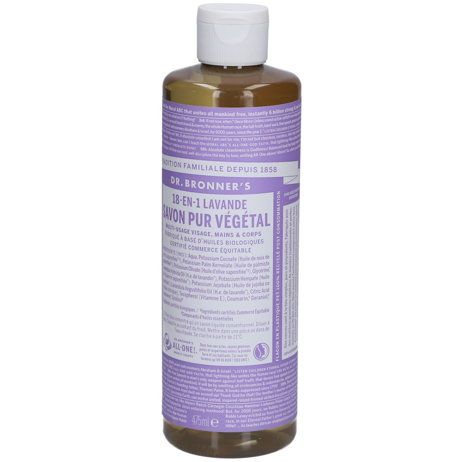 Flacon de savon liquide. Étiquette avec nom et ingrédients. Bouchon blanc. Parfum lavande.