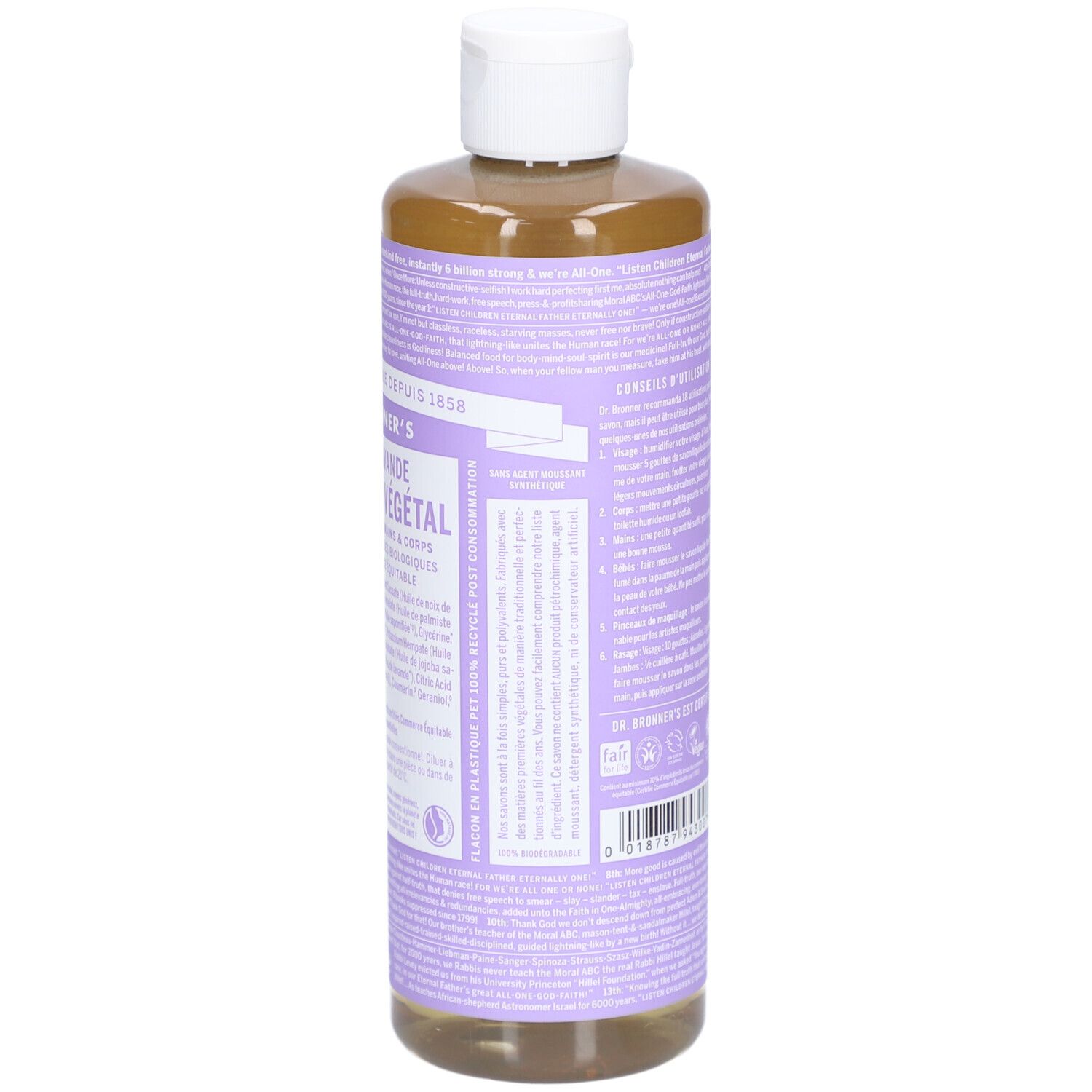 Flacon de savon liquide. Étiquette avec informations produit. Bouchon blanc. Parfum lavande.