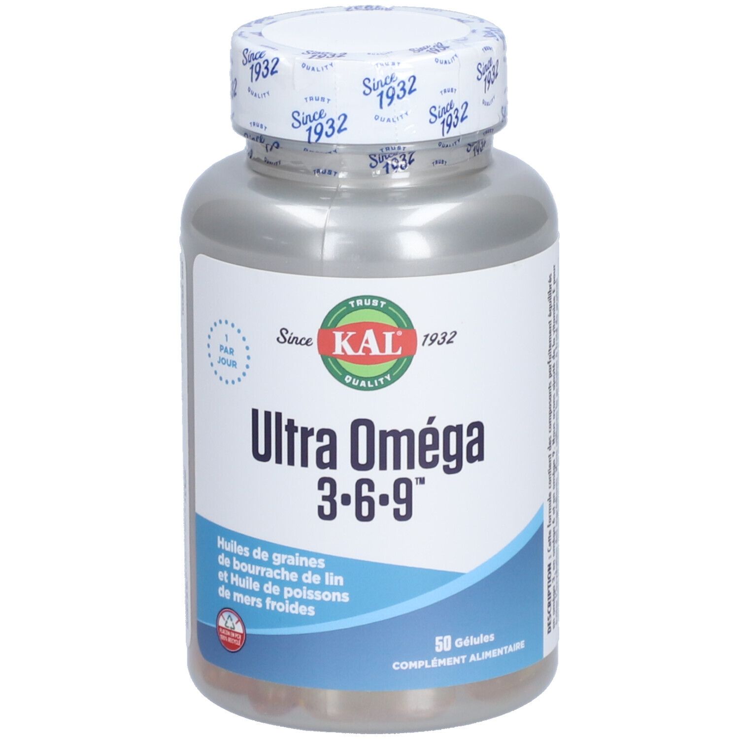 Flacon de gélules Ultra Oméga 3·6·9, marque KAL. 50 gélules. Bouchon imprimé.