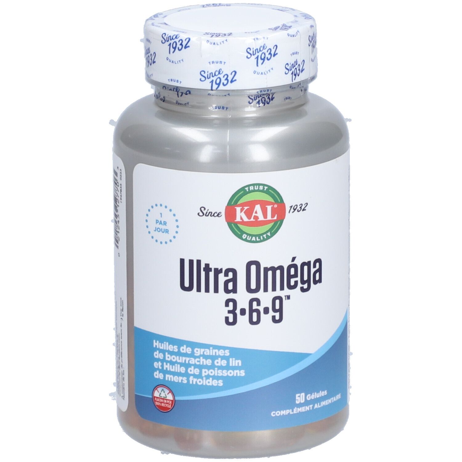 Flacon de gélules Ultra Oméga 3·6·9, marque KAL. 50 gélules. Bouchon imprimé.