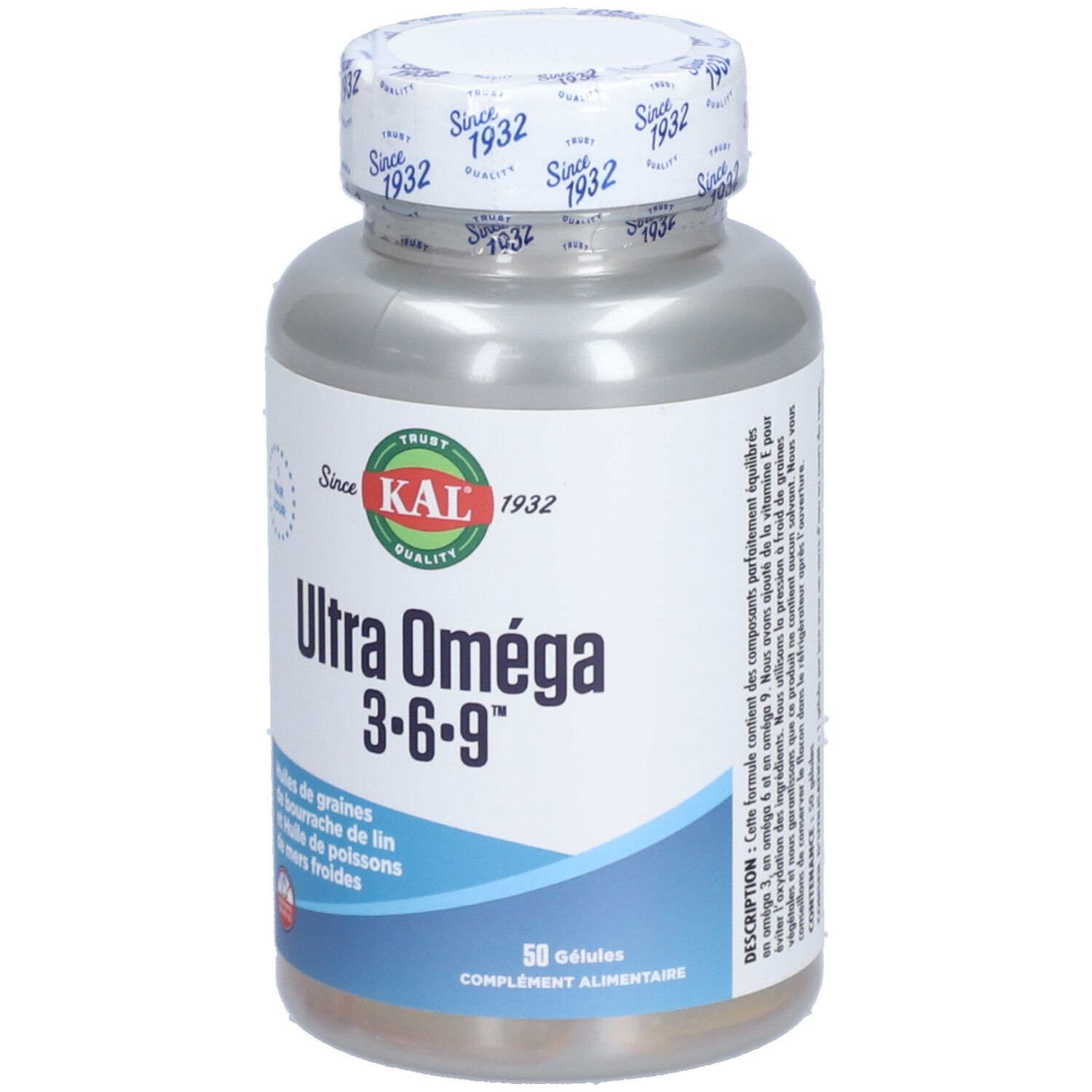 Flacon de gélules Ultra Oméga 3·6·9, marque KAL. 50 gélules. Bouchon imprimé.