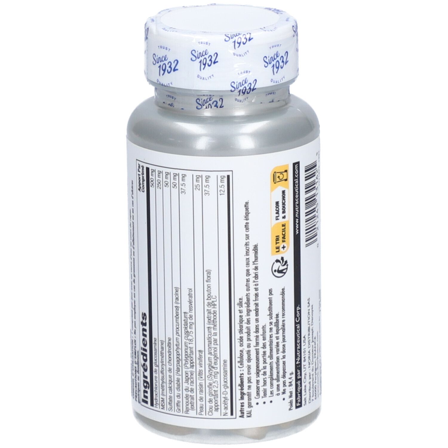 Vue arrière d'un flacon de capsules. Étiquette avec ingrédients et informations nutritionnelles.