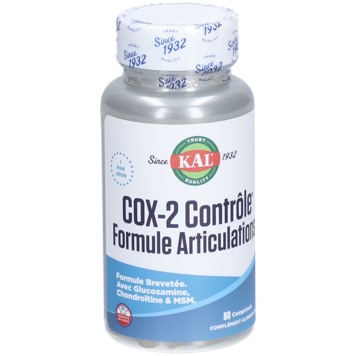 Flacon de capsules. L'étiquette indique "KAL COX-2 Contrôle Formule Articulations".