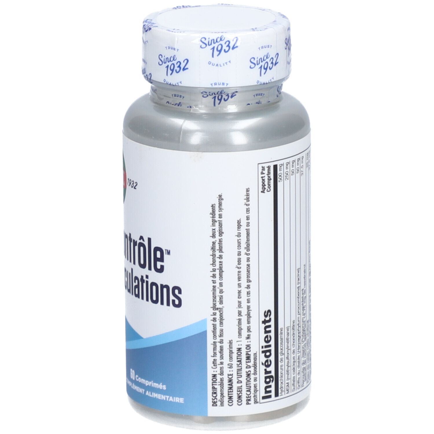 Vue arrière d'un flacon de capsules. Étiquette avec ingrédients et informations.