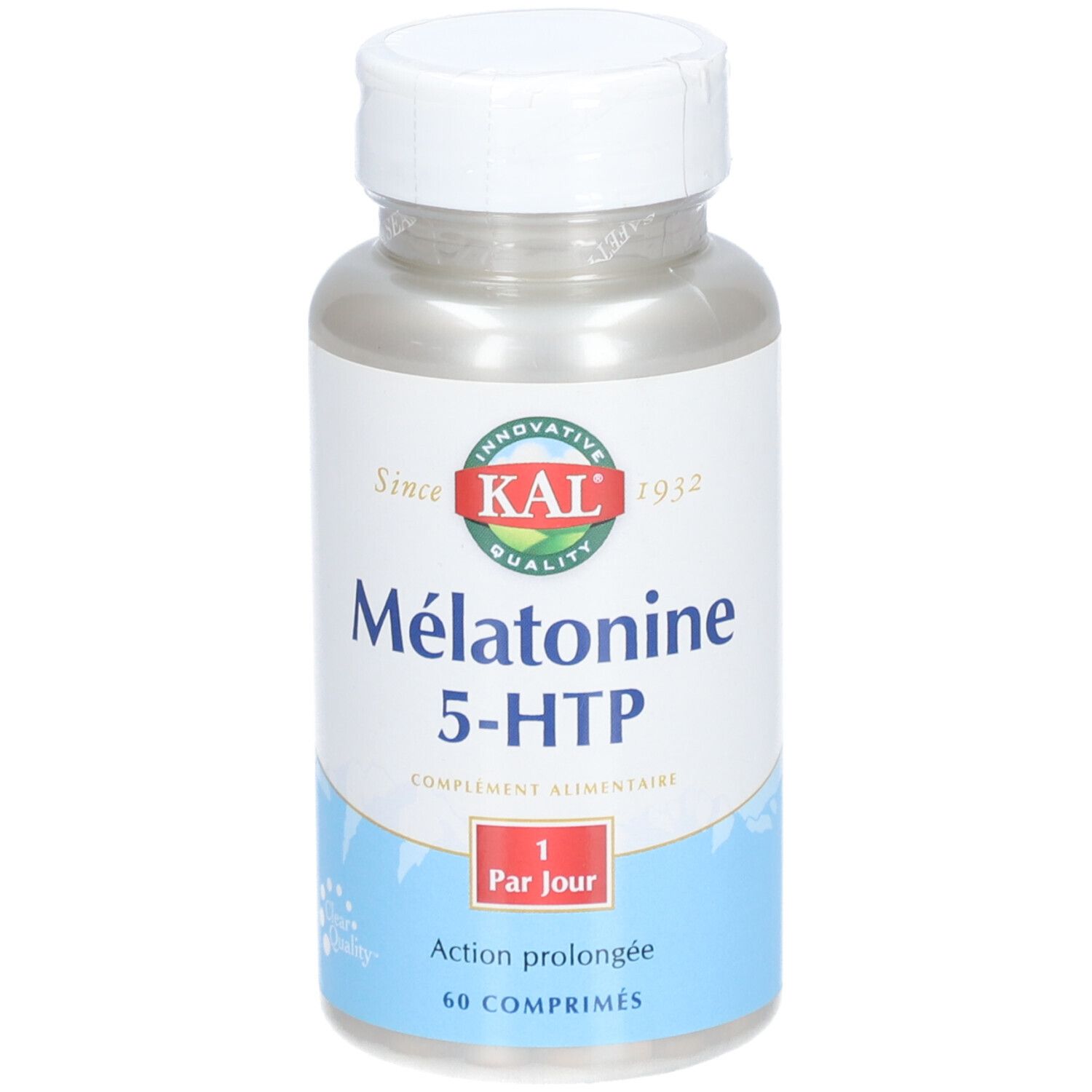 Flacon de KAL Mélatonine 5-HTP. Bouchon blanc, flacon transparent avec étiquette blanche. Logo KAL rouge.