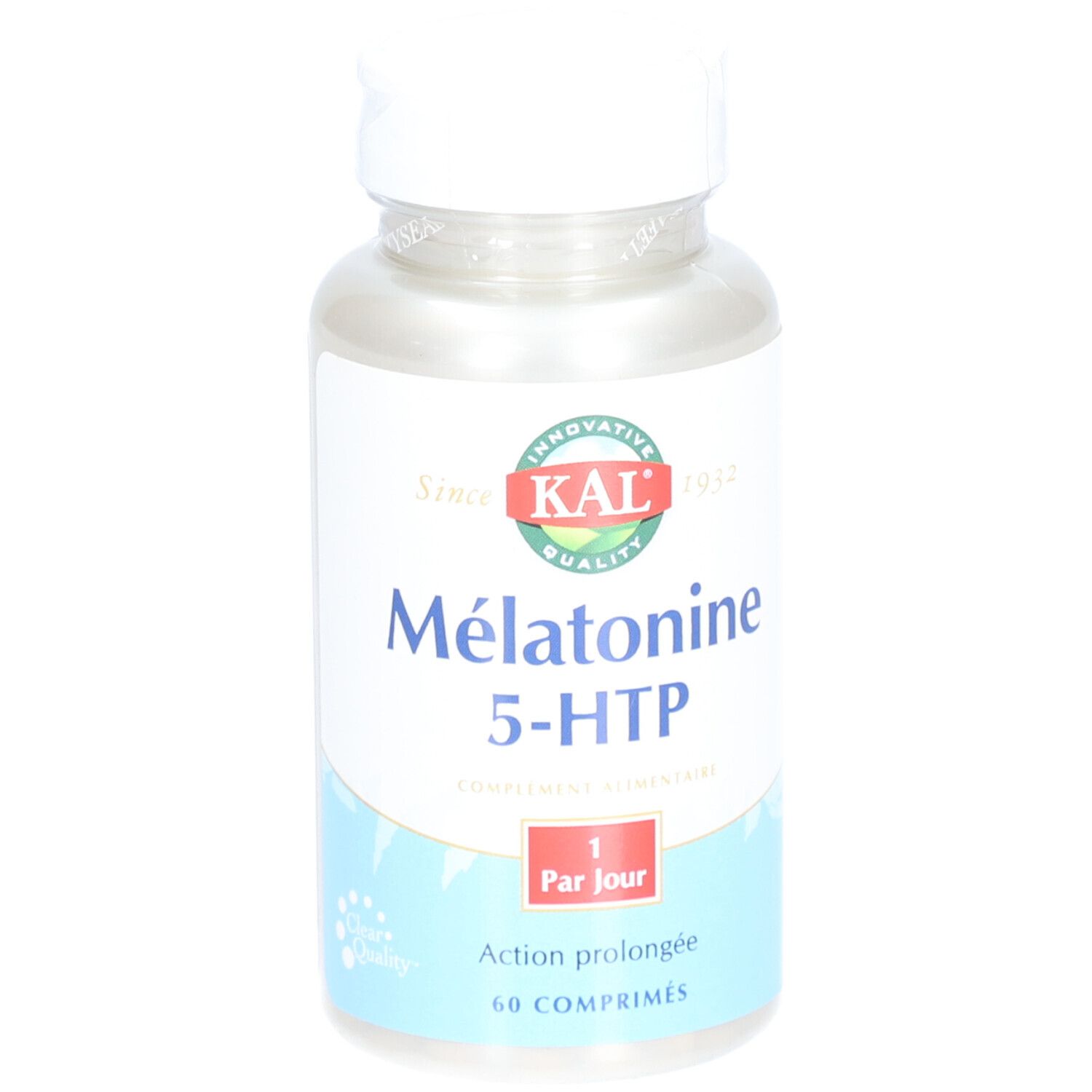 Flacon de KAL Mélatonine 5-HTP. Bouchon blanc, flacon transparent avec étiquette blanche. Logo KAL rouge.