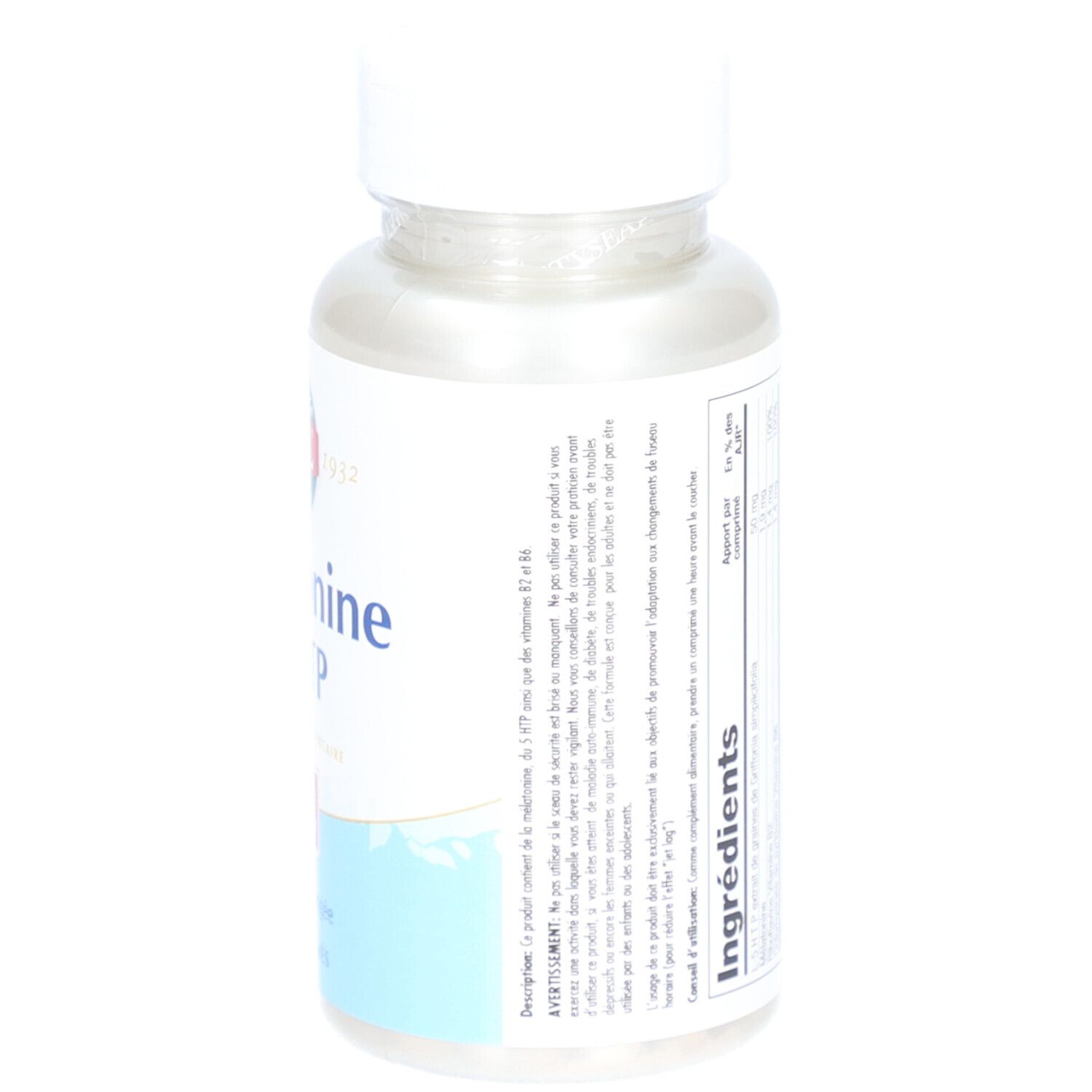 Dos du flacon KAL Mélatonine 5-HTP. Étiquette blanche avec texte. Flacon transparent.