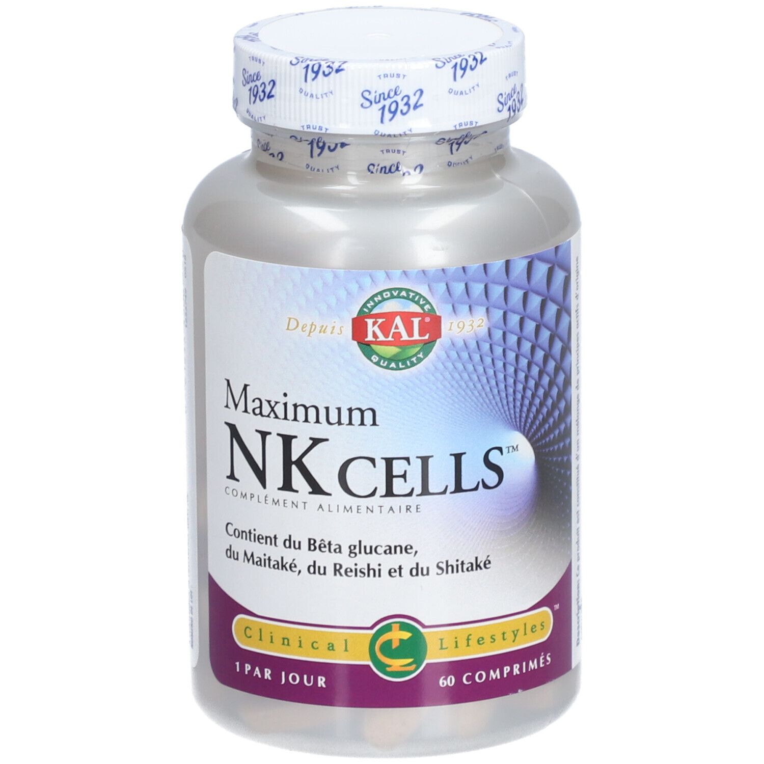 Complément alimentaire en flacon. Inscription: Maximum NK CELLS. Contient bêta-glucane, maitake, reishi et shiitake. 60 comprimés.