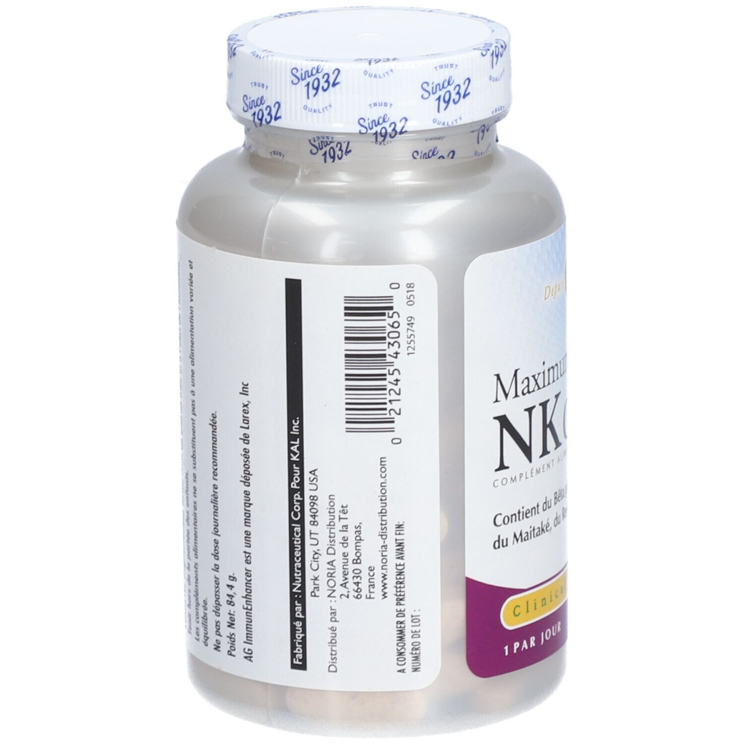Dos du flacon de complément alimentaire. Contient code-barres et informations fabricant et distributeur. Inscription: Maximum NK CELLS.