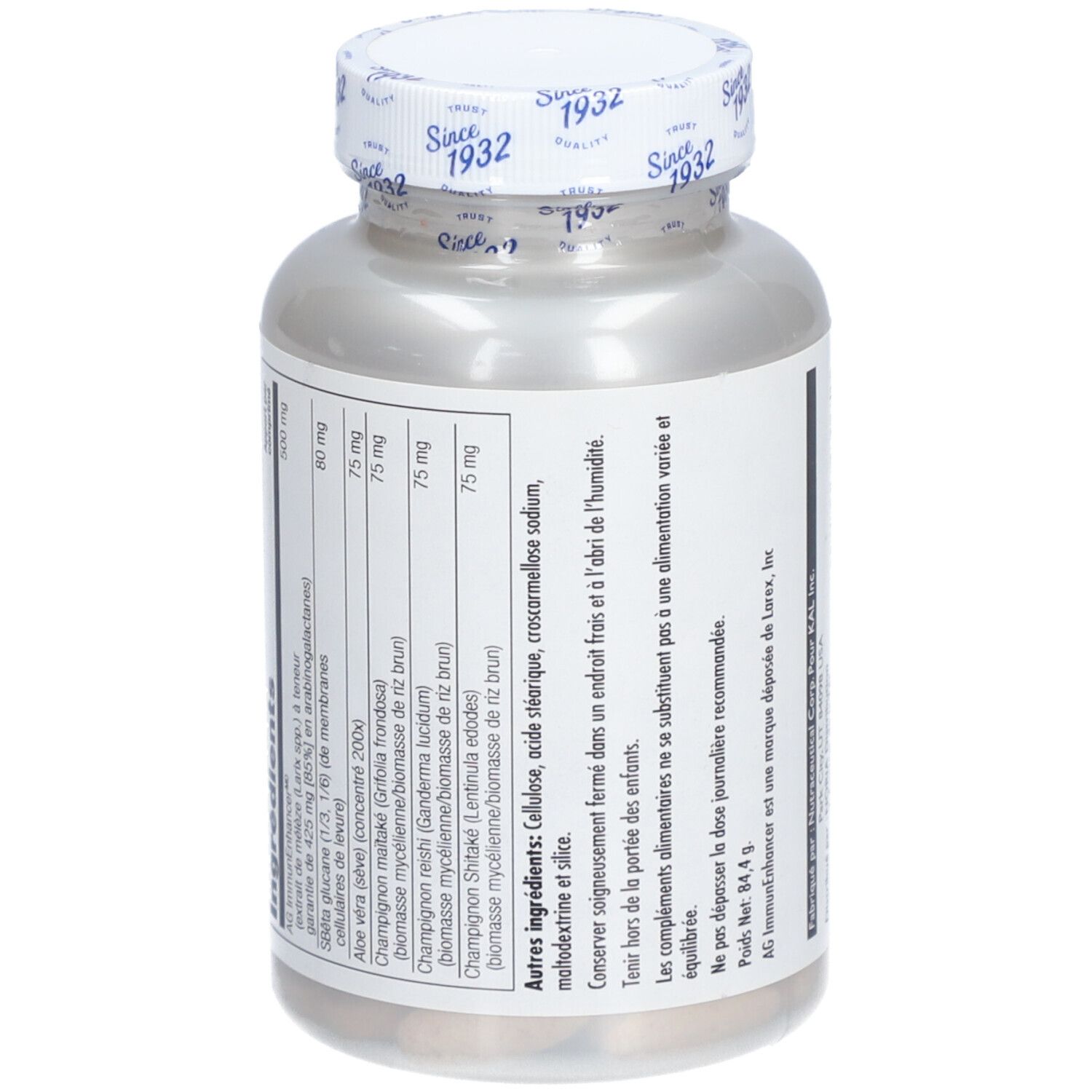 Dos du flacon de complément alimentaire. Contient liste des ingrédients. Inscription: Maximum NK CELLS. Contient cellulose, acide stéarique, croscarmellose sodique.