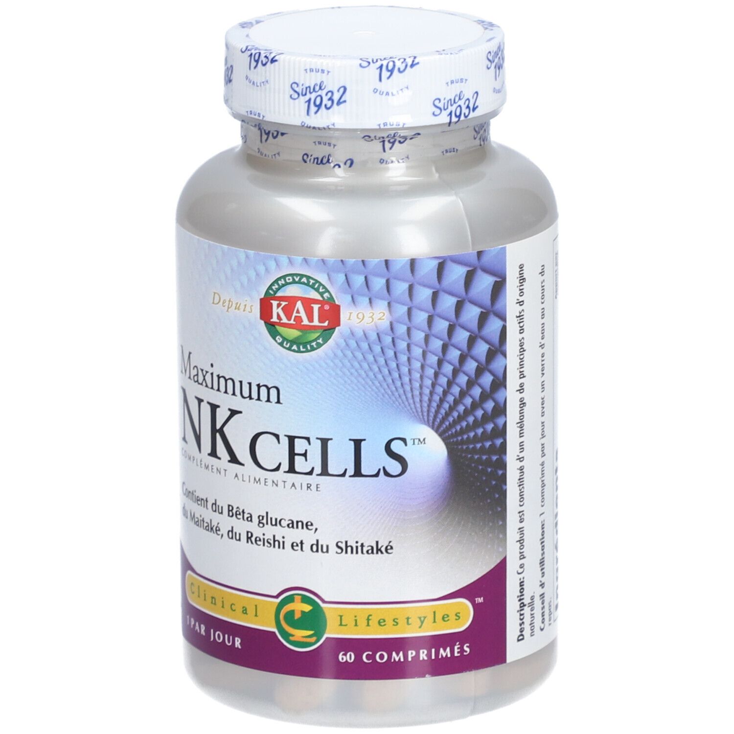 Complément alimentaire en flacon. Inscription: Maximum NK CELLS. Contient bêta-glucane, maitake, reishi et shiitake. 60 comprimés.