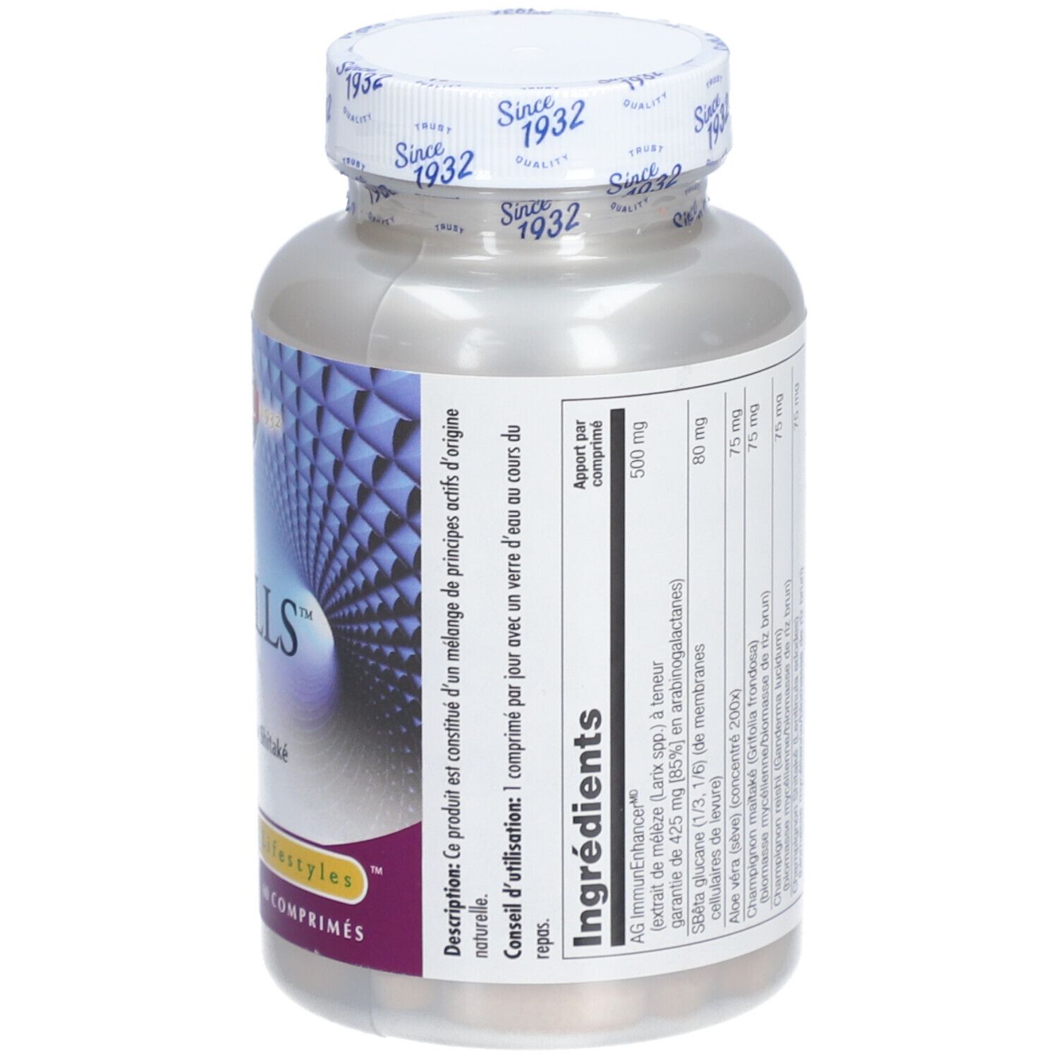 Dos du flacon de complément alimentaire. Contient liste des ingrédients. Inscription: Maximum NK CELLS. Contient Immunitance, bêta-glucane, aloe vera.