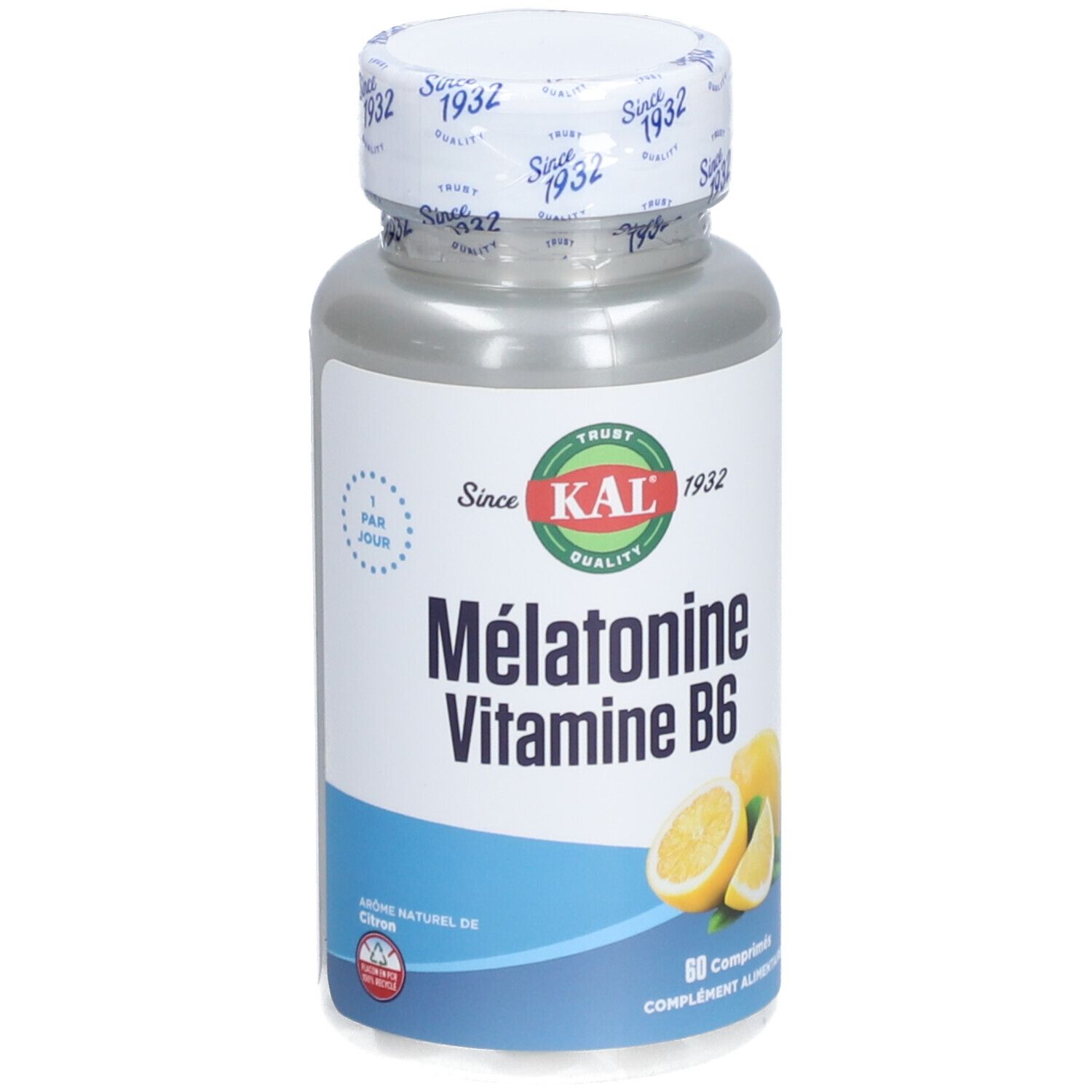 Flacon cylindrique avec bouchon blanc. Inscription: KAL, Mélatonine Vitamine B6. Illustration: Citrons. 60 comprimés.