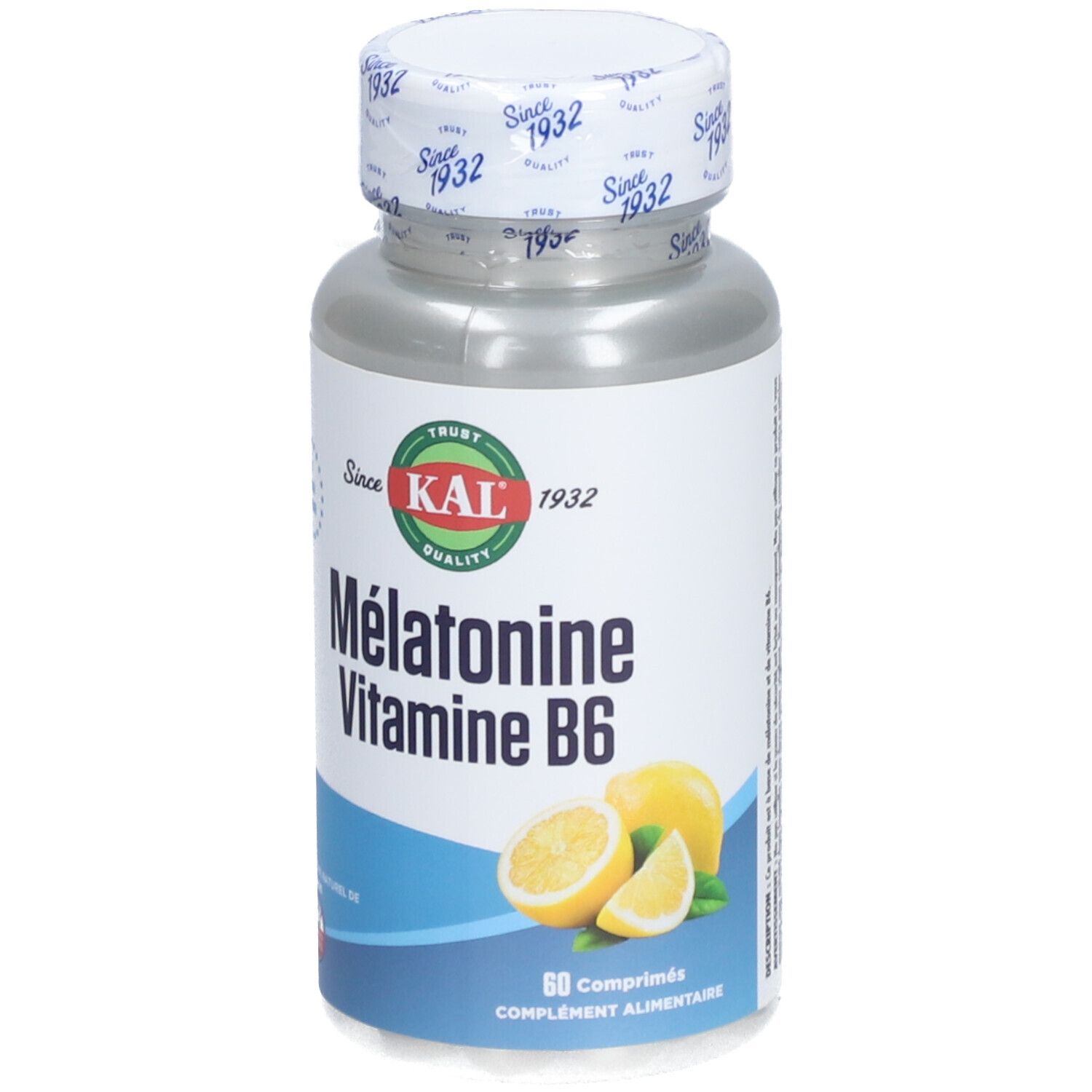 Flacon cylindrique avec bouchon blanc. Inscription: KAL, Mélatonine Vitamine B6. Illustration: Citrons. 60 comprimés.