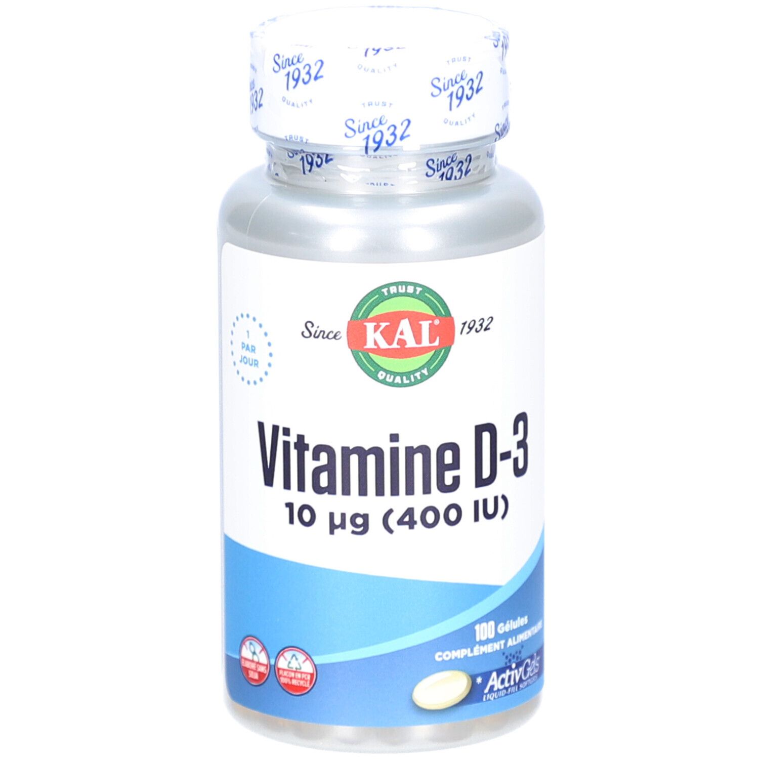 Flacon de gélules de vitamine D-3. Inscription : KAL, Vitamine D-3, 10 µg (400 UI). Bouchon : Since 1932.