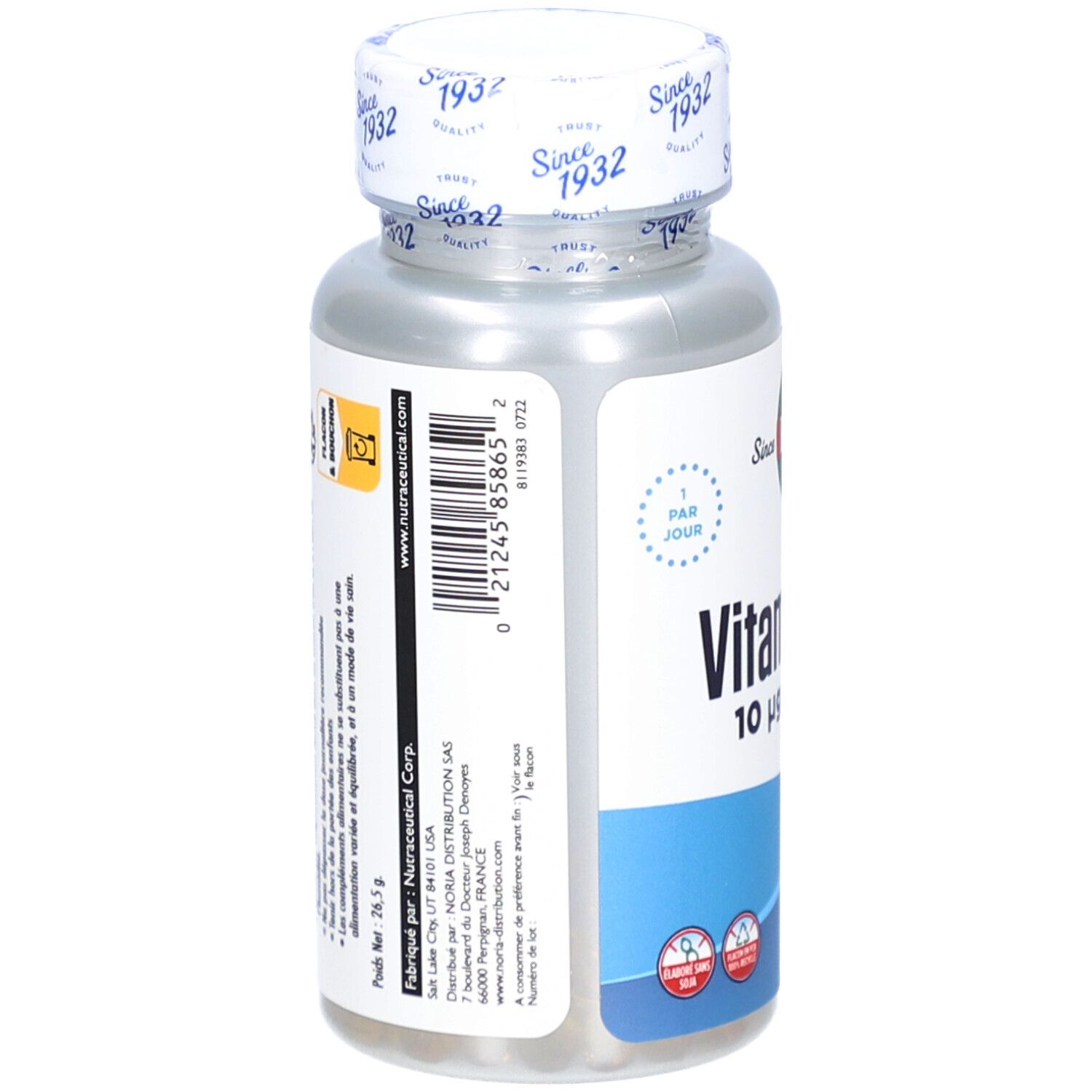 Dos d'un flacon de gélules de vitamine D-3. Inscription : Nutraceutical Corp. Code-barres et texte.