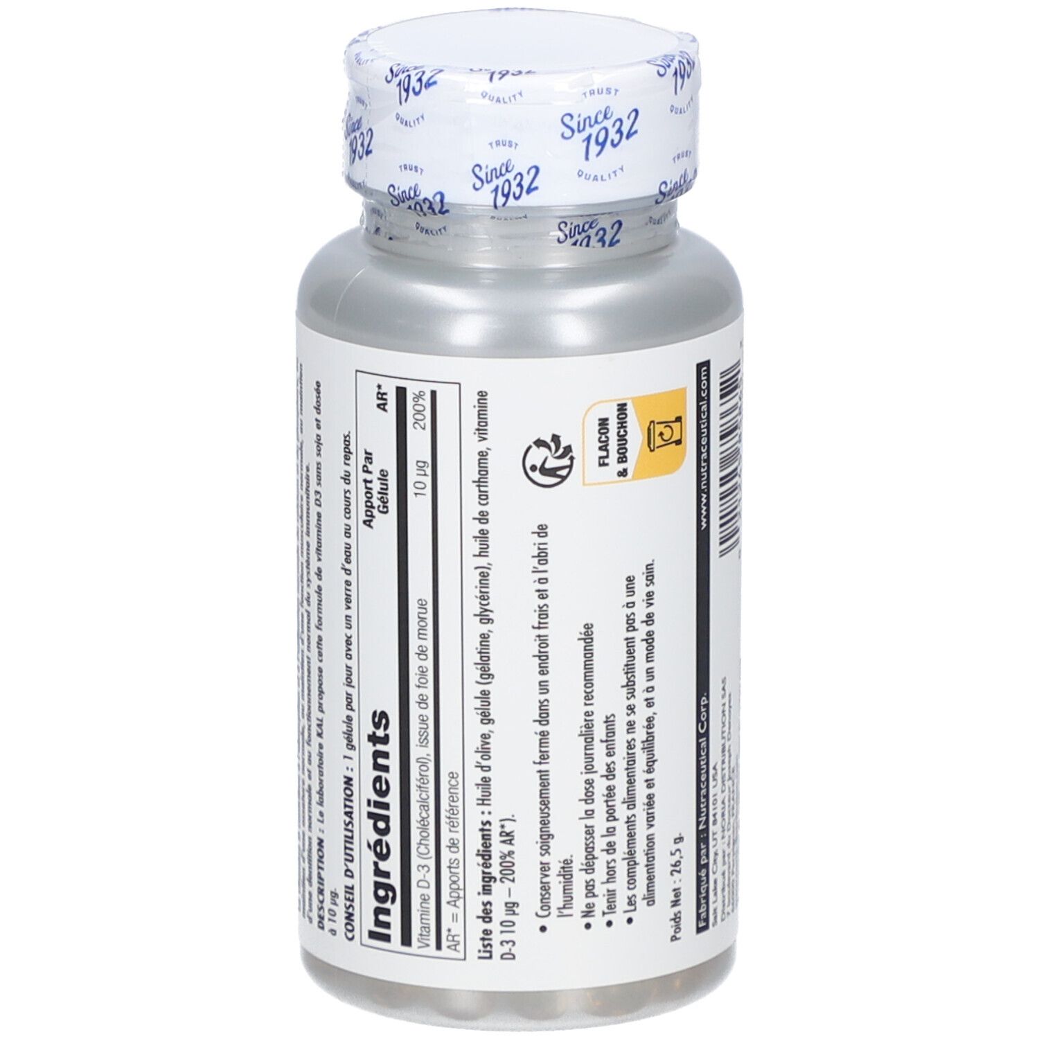 Dos d'un flacon de gélules de vitamine D-3. Inscription : Ingrédients, vitamine D-3, huile, gélatine. Texte et symboles.