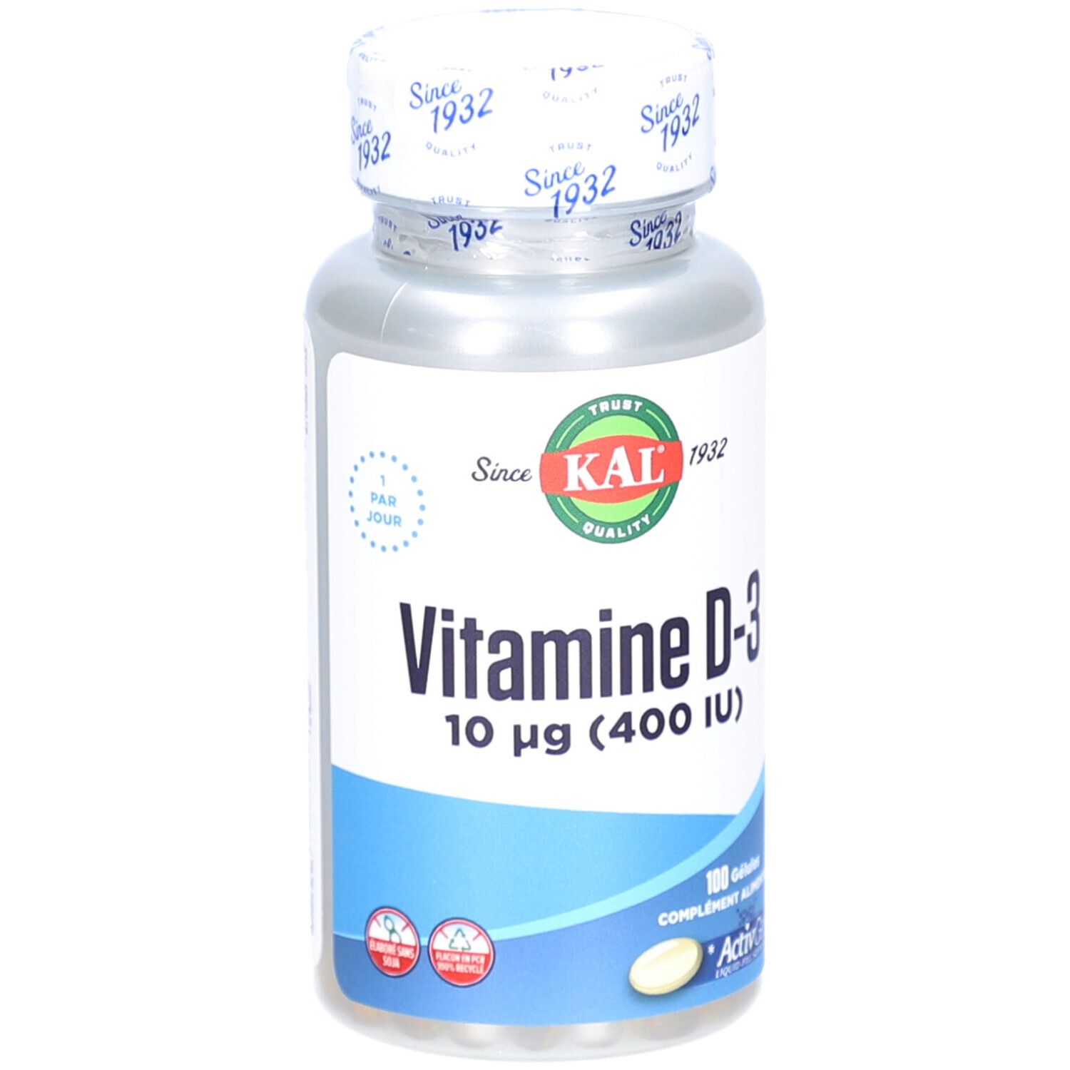 Flacon de gélules de vitamine D-3. Inscription : KAL, Vitamine D-3, 10 µg (400 UI). Bouchon : Since 1932.