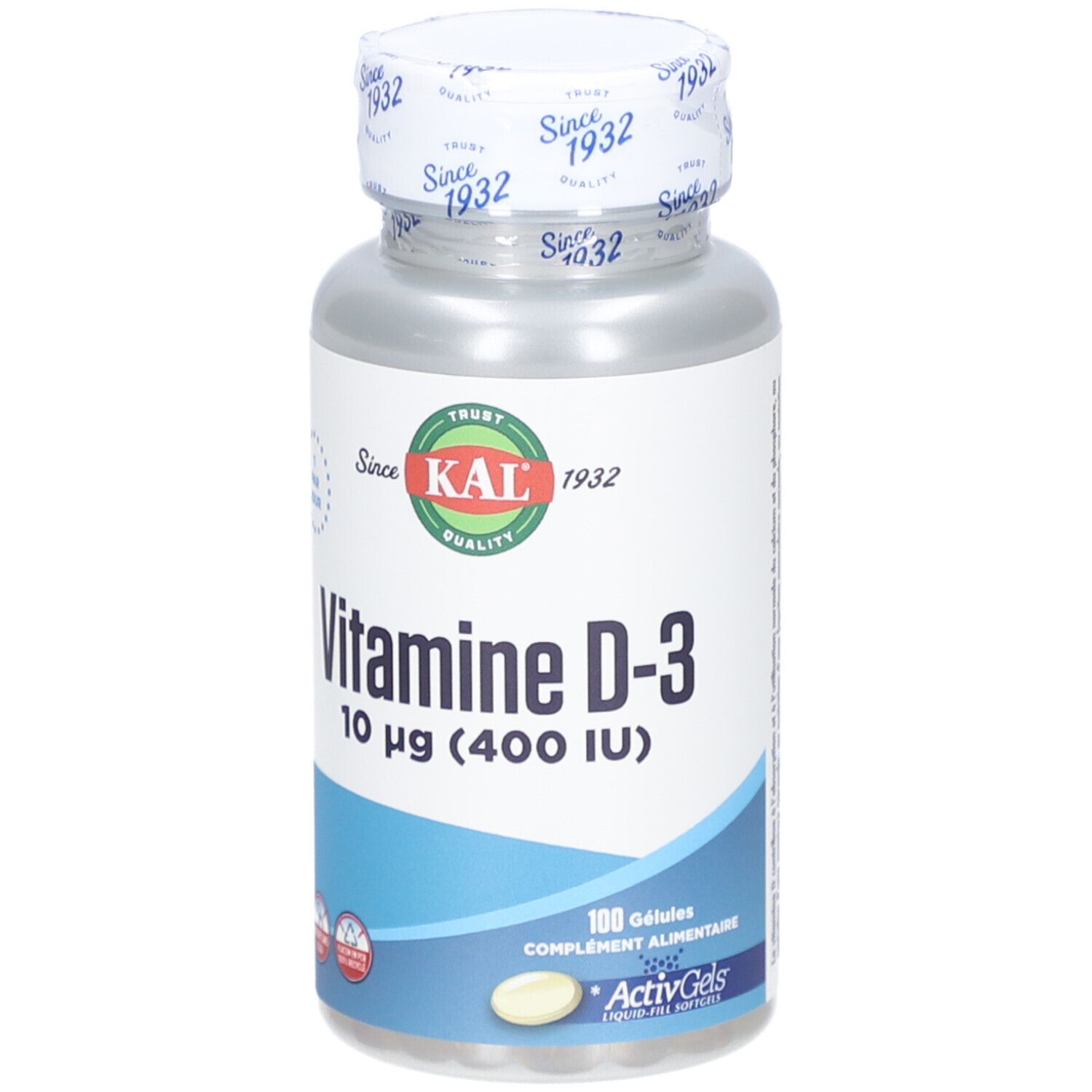 Flacon de gélules de vitamine D-3. Inscription : KAL, Vitamine D-3, 10 µg (400 UI). 100 gélules. ActivGels.