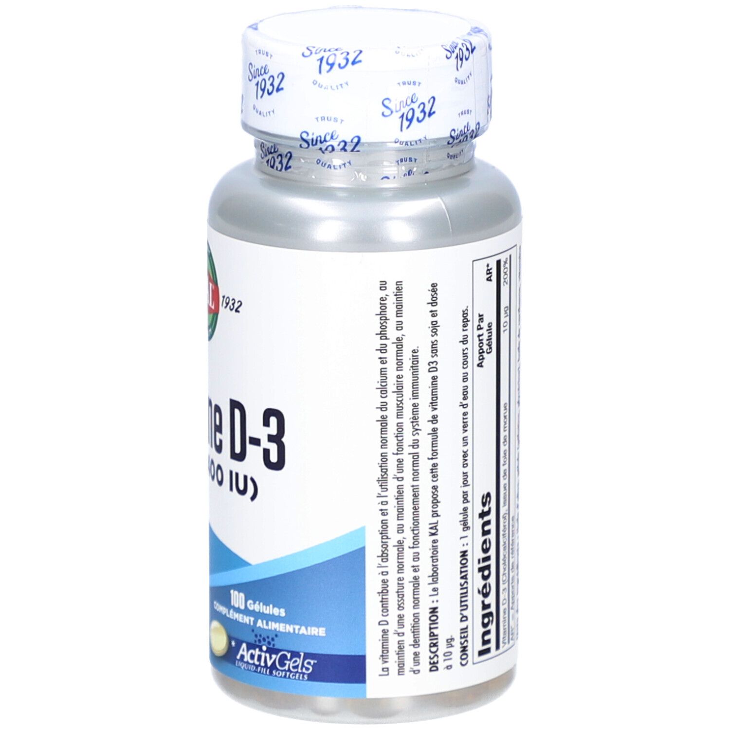 Dos d'un flacon de gélules de vitamine D-3. Inscription : Vitamine D-3, 10 µg. 100 gélules. ActivGels. Mode d'emploi.