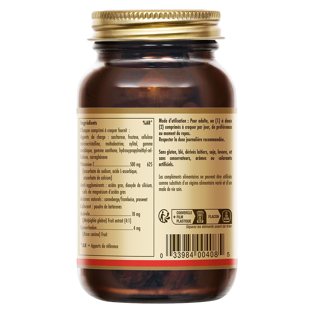 SOLGAR Vitamine C 500 mg à croquer - Framboise/Cranberry - Défenses immunitaires