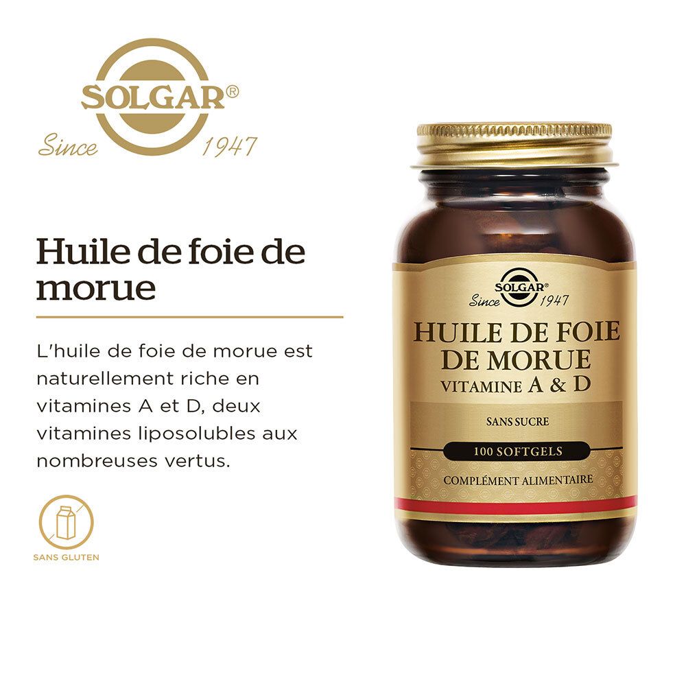 Flacon SOLGAR avec texte. HUILE DE FOIE DE MORUE, VITAMINE A & D. Texte sur les bienfaits du produit.
