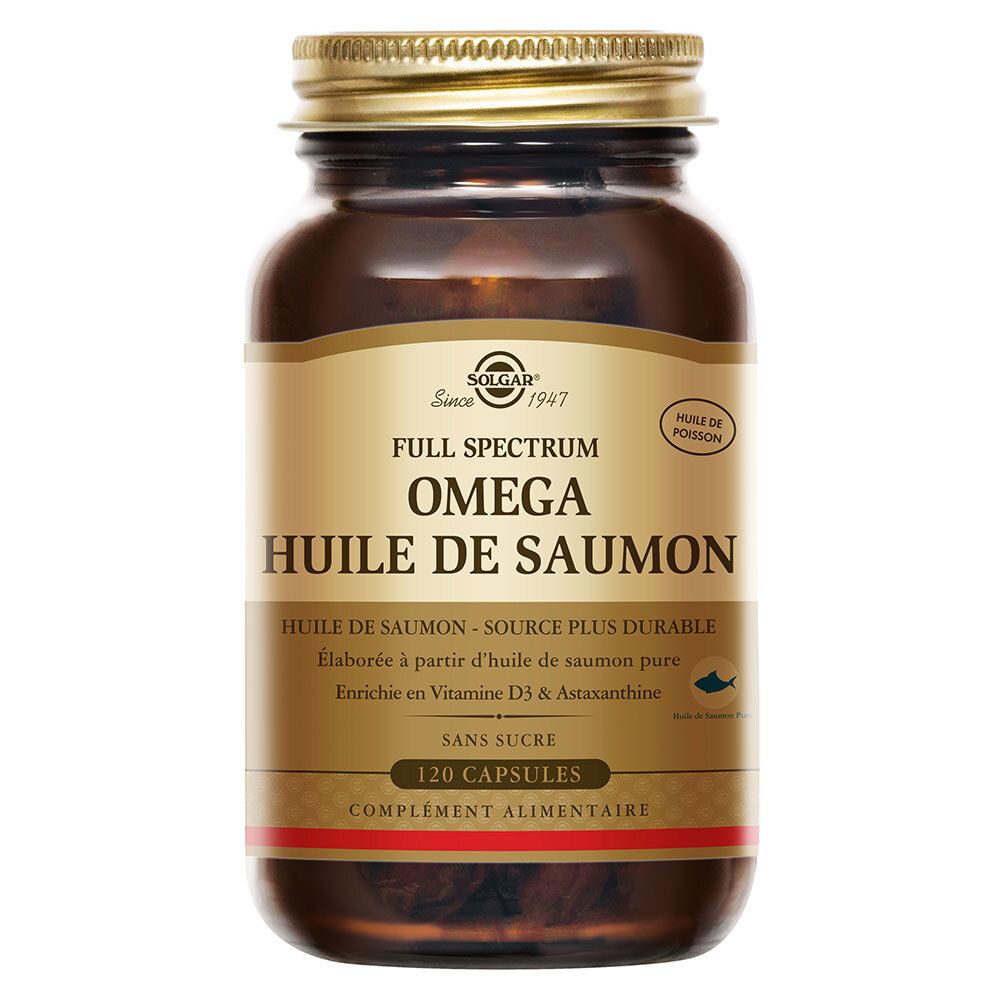 Flacon en verre brun avec couvercle doré. Étiquette avec texte: Full Spectrum Omega Huile de Saumon. 120 capsules.