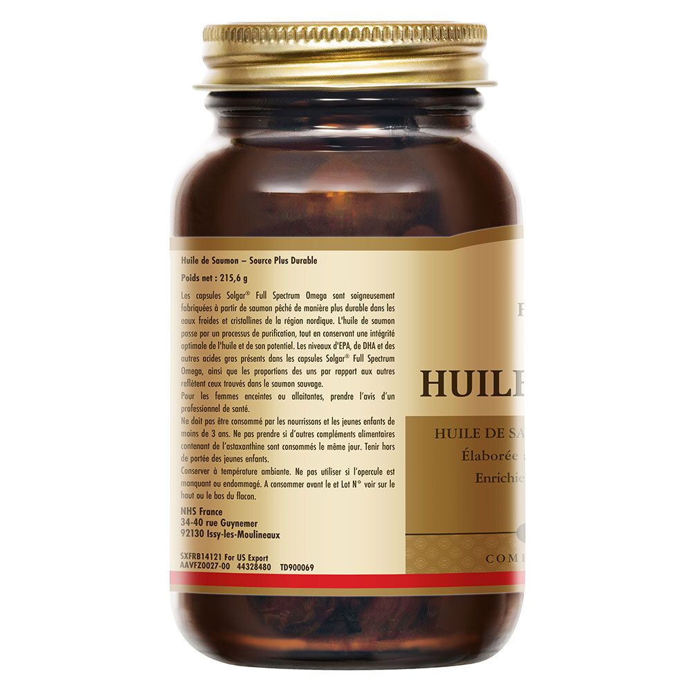 Dos du flacon en verre brun. Étiquette avec texte et informations nutritionnelles. Contient des informations sur les ingrédients.