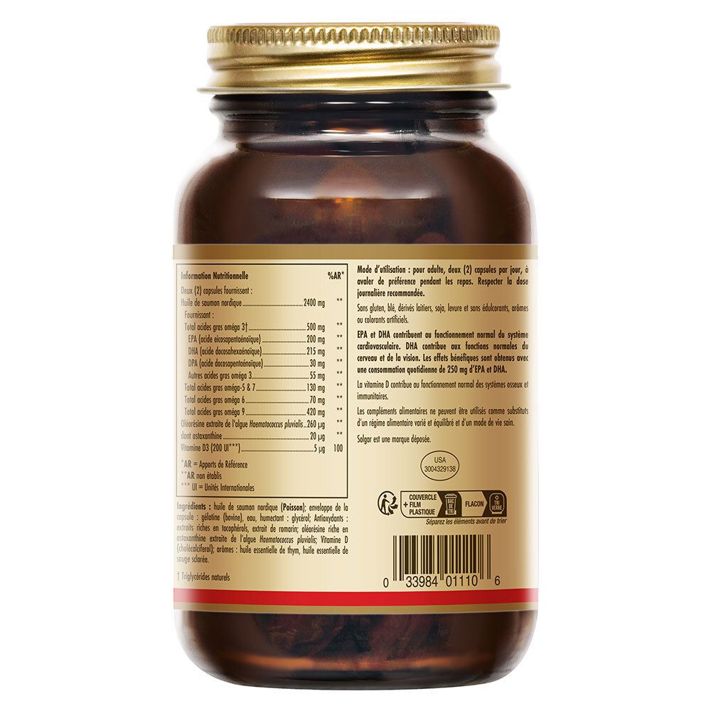 Dos du flacon en verre brun. Étiquette avec texte et informations nutritionnelles. Contient des informations sur les ingrédients.