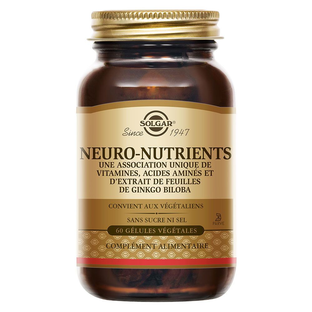 Flacon brun avec bouchon doré. Étiquette avec logo Solgar et Neuro-Nutrients. Contient 60 gélules végétales.