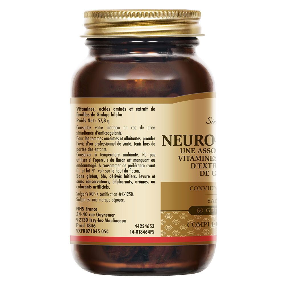 Dos du flacon. Informations sur les ingrédients et les valeurs nutritionnelles. Texte en français.