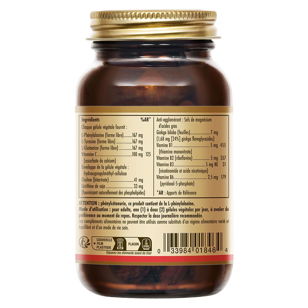 Dos du flacon avec liste des ingrédients. Informations sur vitamines et minéraux. Texte en français.