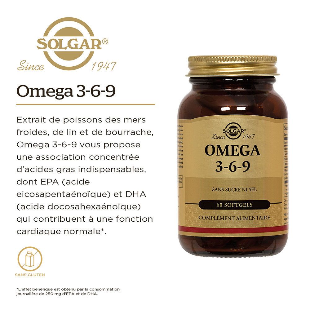 Flacon SOLGAR® Omega 3-6-9 avec texte. 60 gélules. Sans sucre, sans sel.