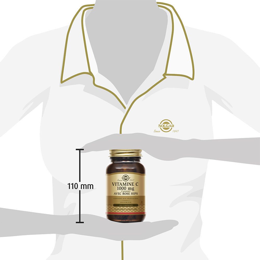 Flacon, bouchon doré. Mesure 110 mm. Texte: Vitamine C 1000 mg, Rose Hips. 100 comprimés.