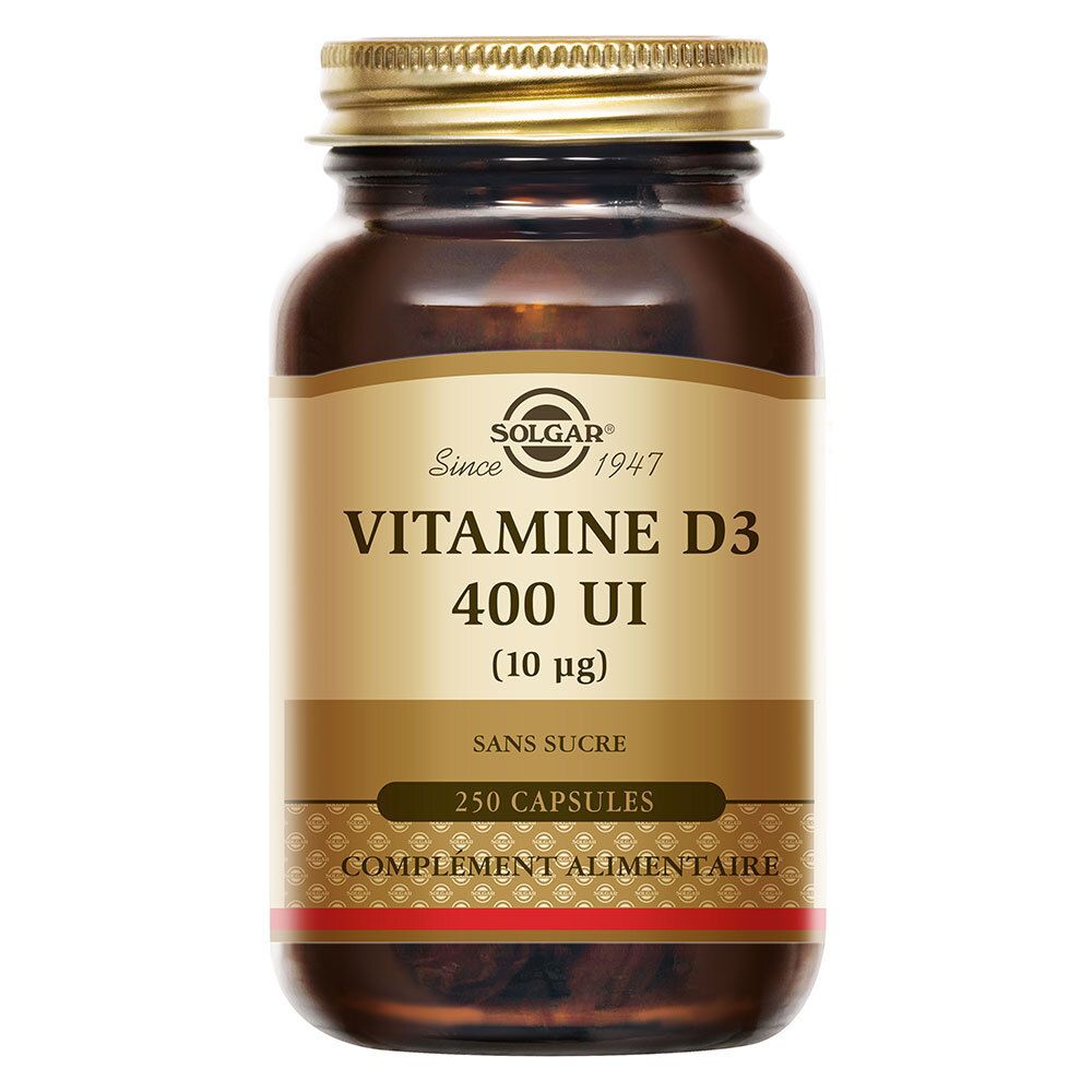 Flacon brun avec bouchon doré. Étiquette SOLGAR, Vitamine D3 400 UI, 250 gélules. Sans sucre.