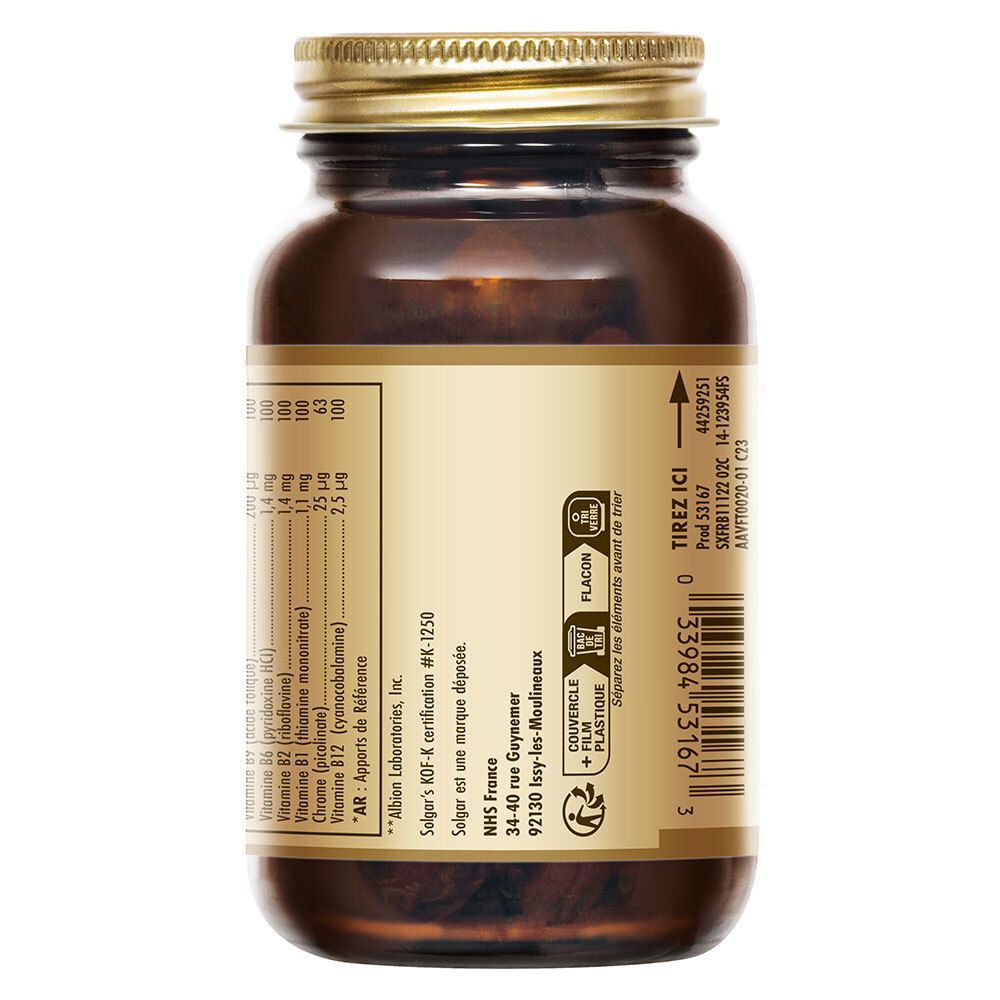 Dos du flacon en verre brun. Étiquette avec informations nutritionnelles, ingrédients et fabricant.