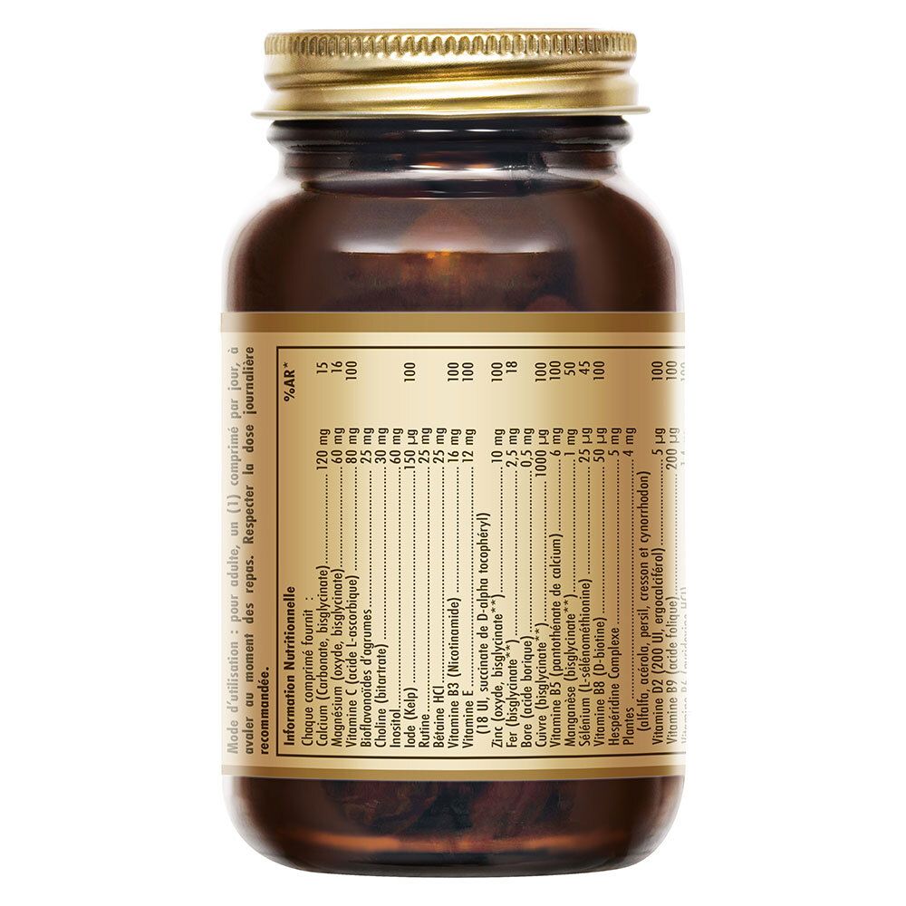 Dos du flacon en verre brun. Étiquette avec informations nutritionnelles, ingrédients et fabricant.