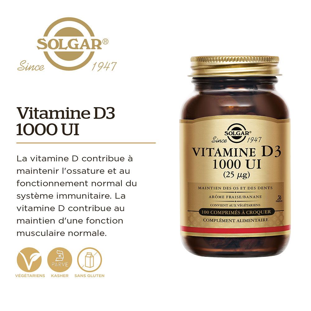Flacon Solgar Vitamine D3 1000 UI et texte. Contient des logos pour végétarien, casher et sans gluten.
