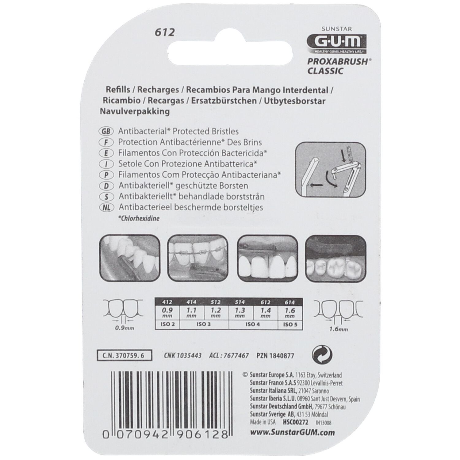 Dos de la recharge GUM Proxabrush Classic. Informations sur les recharges et instructions d'utilisation.