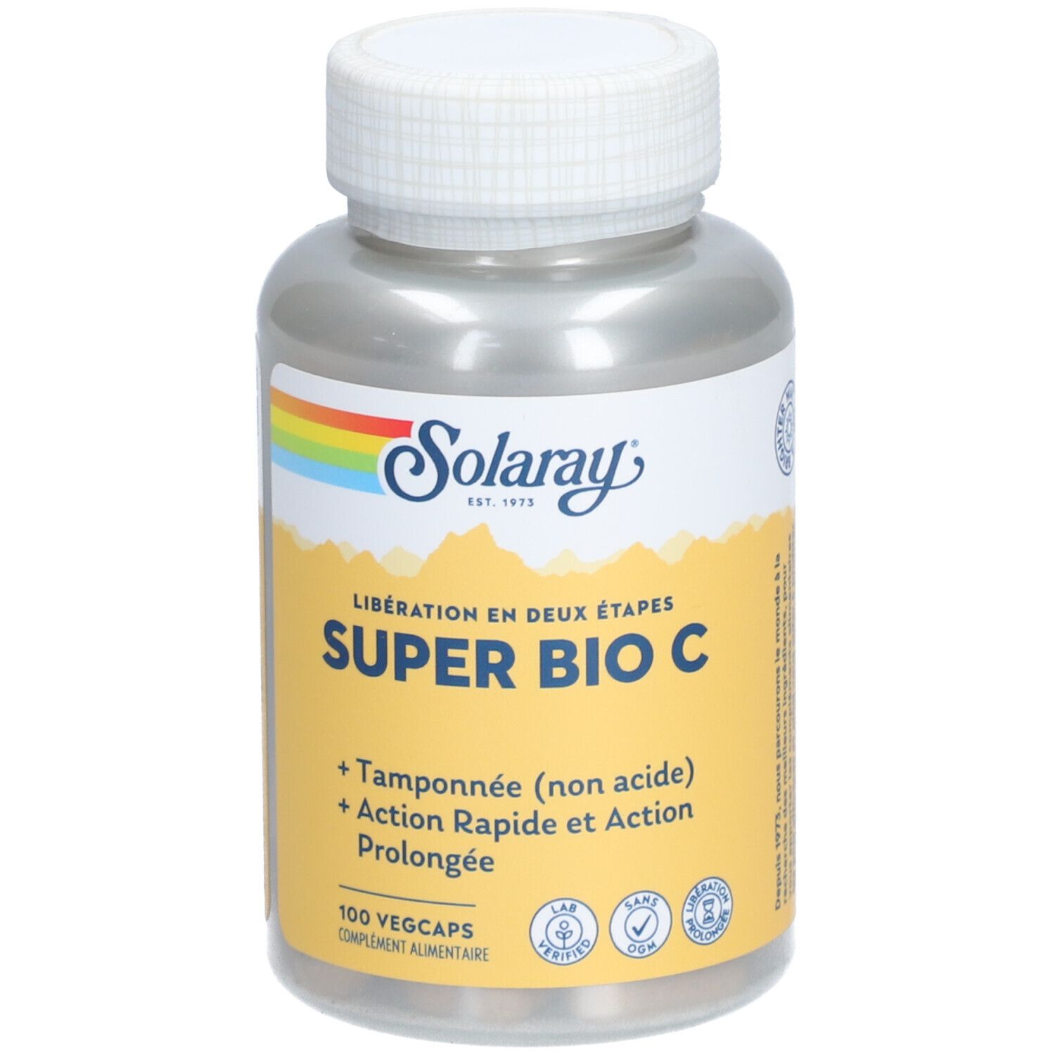 Solaray Super Bio C. Bouteille de gélules blanches. Étiquette jaune avec nom et logo du produit. 100 Vegcaps.
