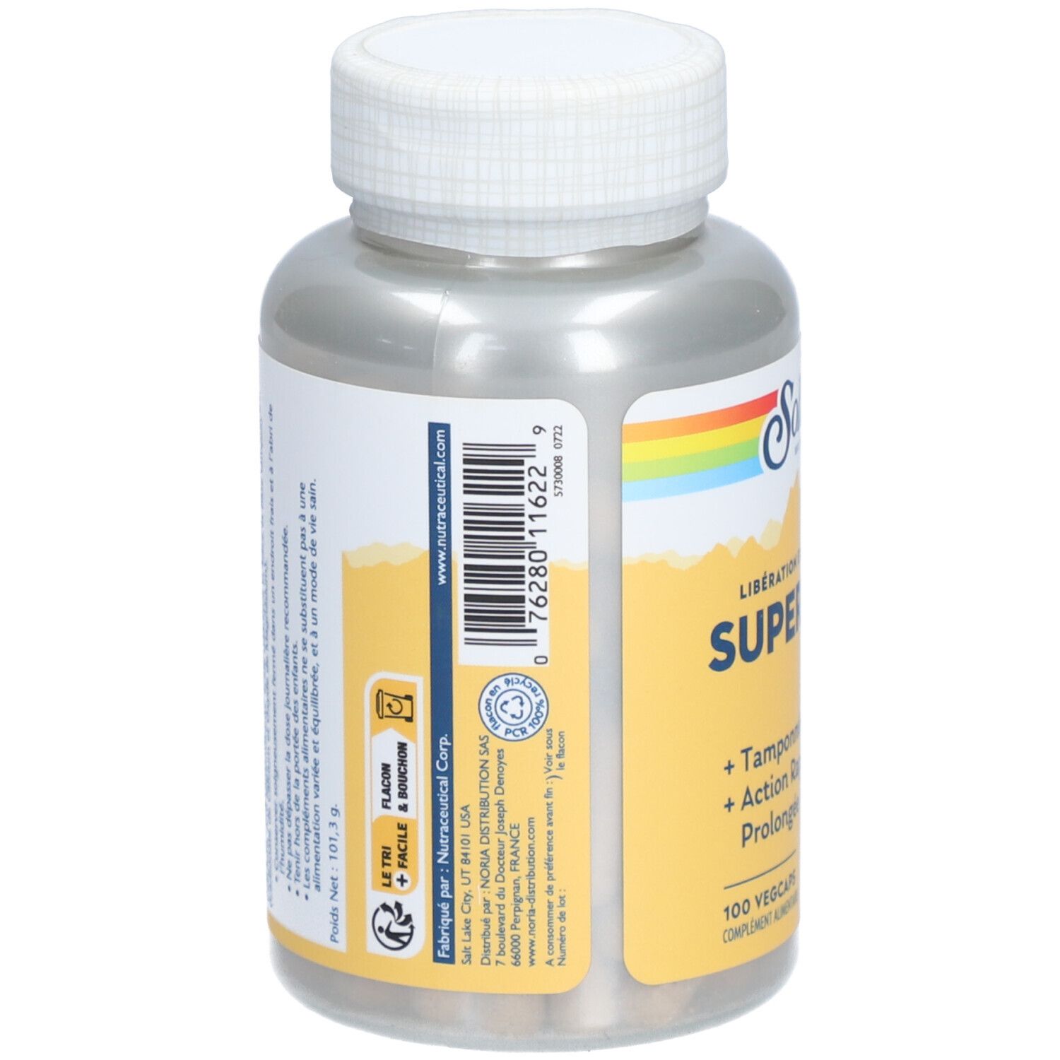 Dos de la bouteille Solaray Super Bio C. Contient des informations, un code-barres et des certifications. 100 Vegcaps.