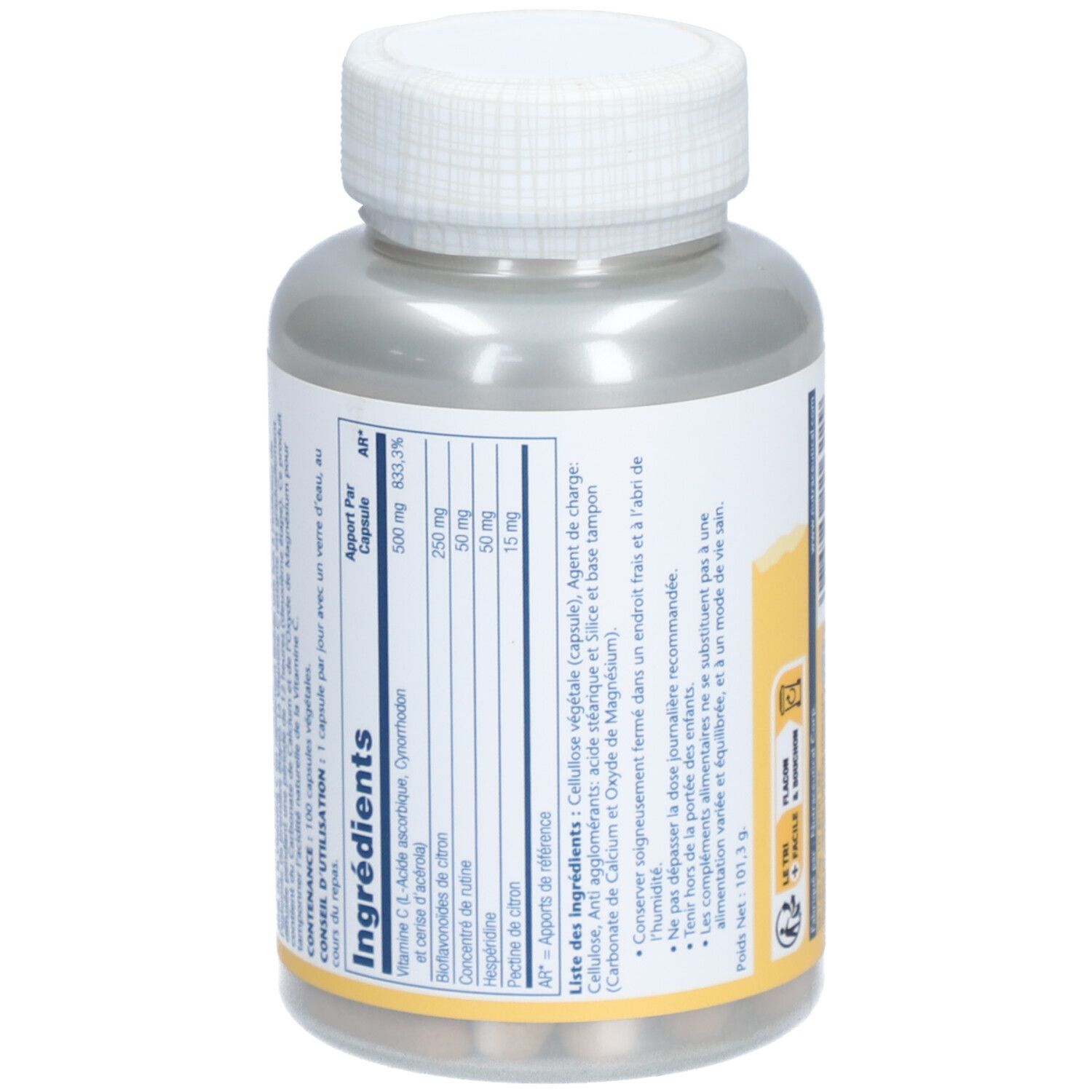 Dos de la bouteille Solaray Super Bio C. Liste des ingrédients et informations nutritionnelles. 100 Vegcaps.