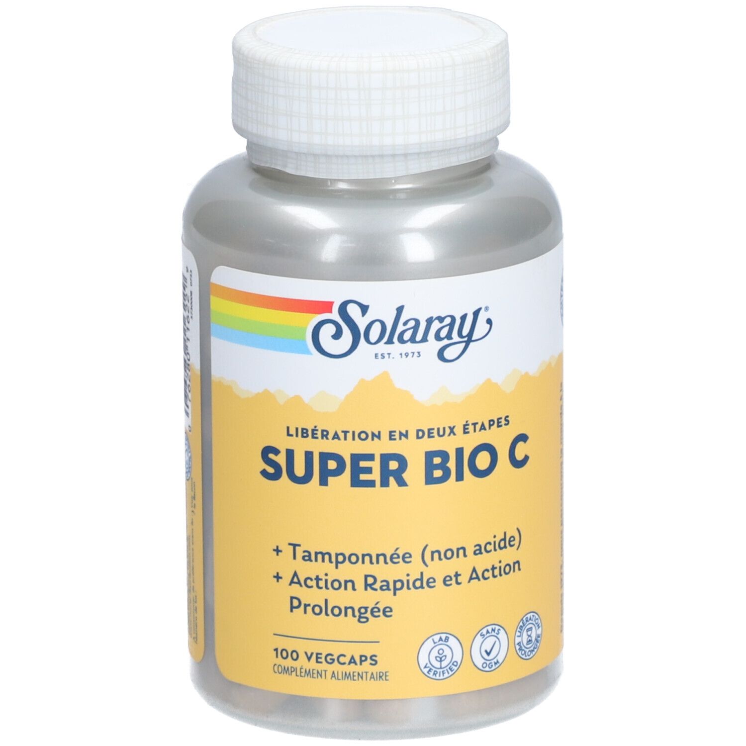 Solaray Super Bio C. Bouteille de gélules blanches. Étiquette jaune avec nom et logo du produit. 100 Vegcaps.