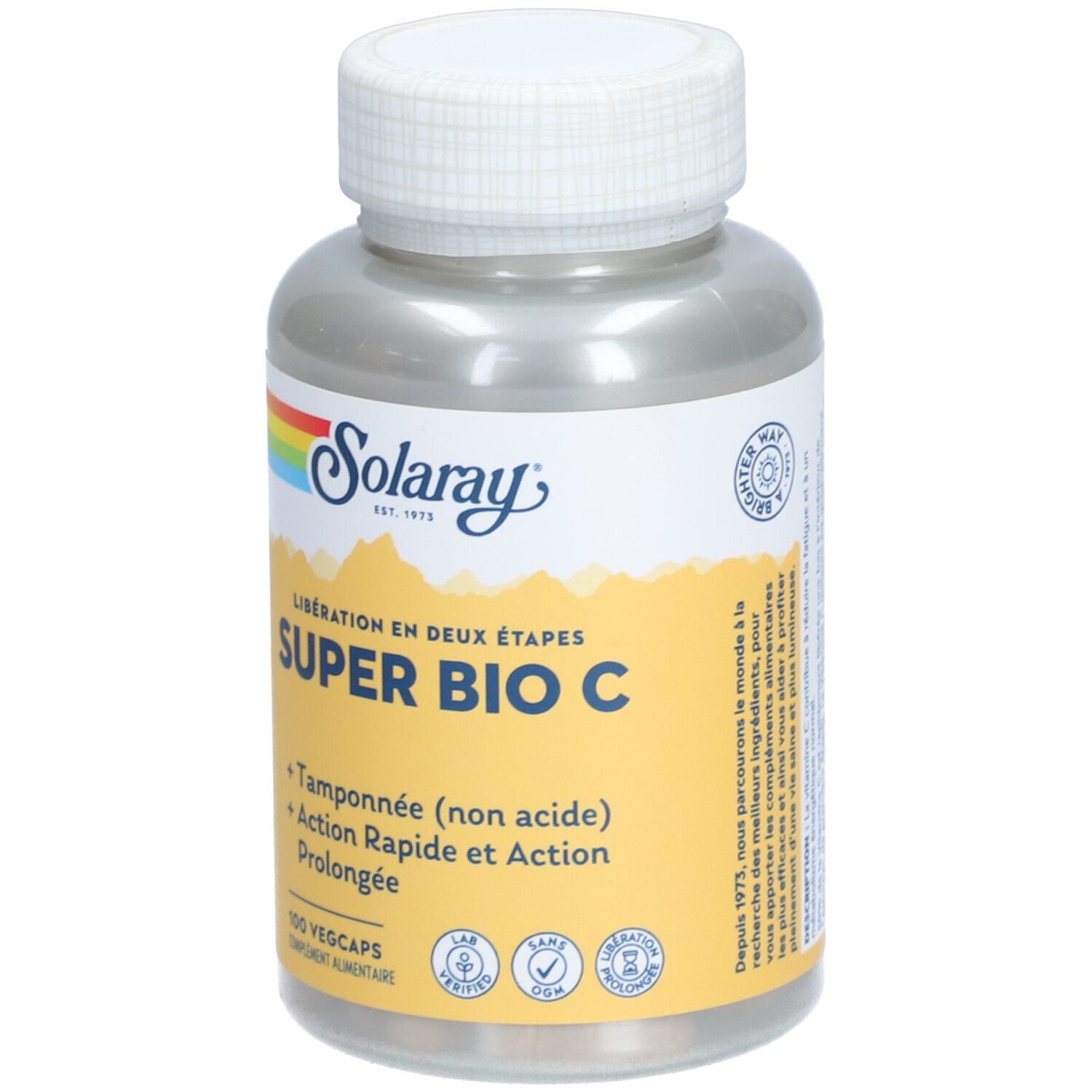 Solaray Super Bio C. Bouteille de gélules blanches. Étiquette jaune avec nom et logo du produit. 100 Vegcaps.