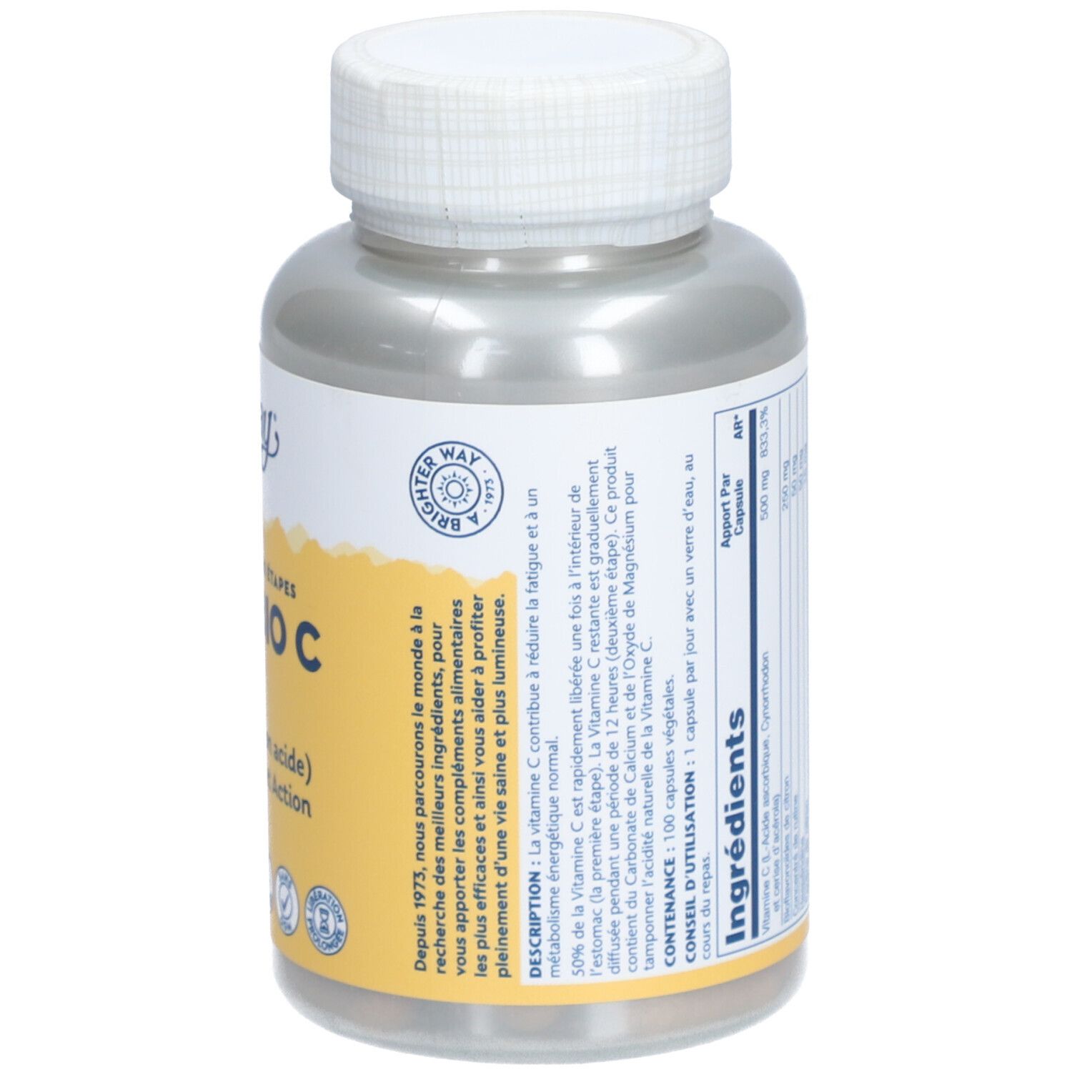 Bouteille Solaray Super Bio C. Étiquette jaune avec informations produit et logo. 100 Vegcaps.